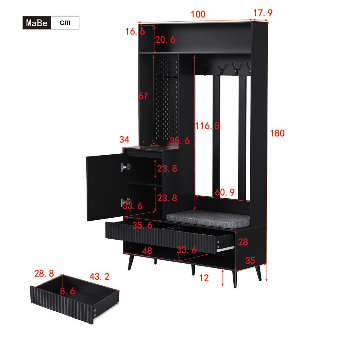 GARDEROBE schwarz sitzbank stauraum - Schwarz, Holzwerkstoff (100/180/35cm) - Urban Meuble
