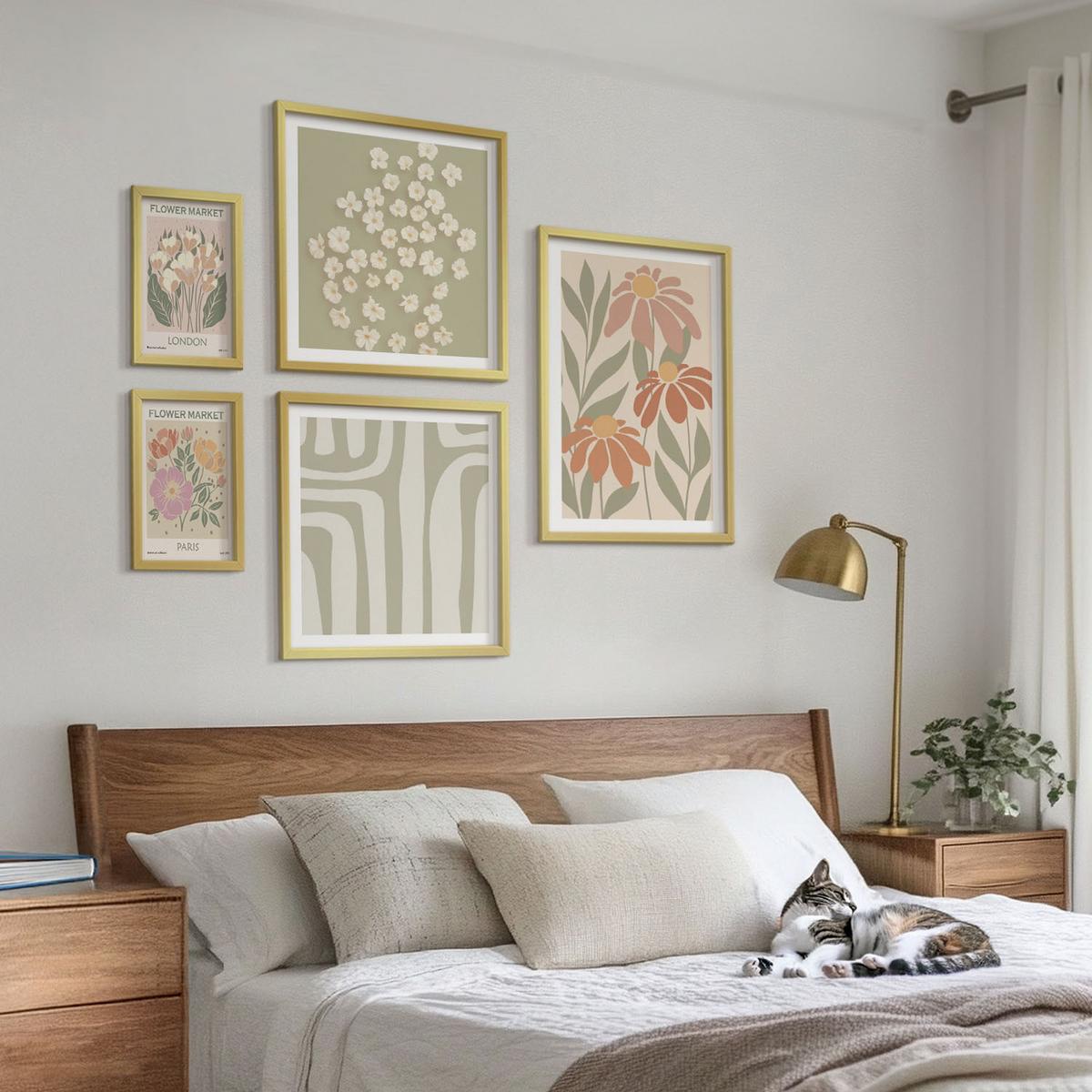 BILDER SET 5er Set - 50x50 cm & 20x30 cm & 40x60 cm Goldrahmen - Botanische Motive, Pariser Minimalismus - Goldfarben, Kunststoff (40/60cm) - TULUP