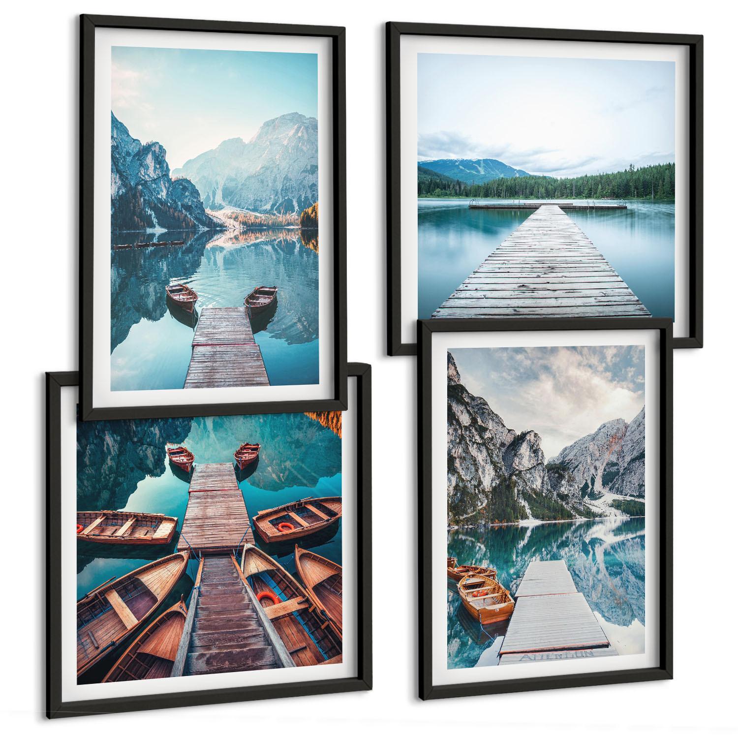 BILDER SET 4er Set - 50x50 cm & 40x60 cm Schwarzer Rahmen - Holzstege am See, Boote - Schwarz, Kunststoff (50/50cm) - TULUP