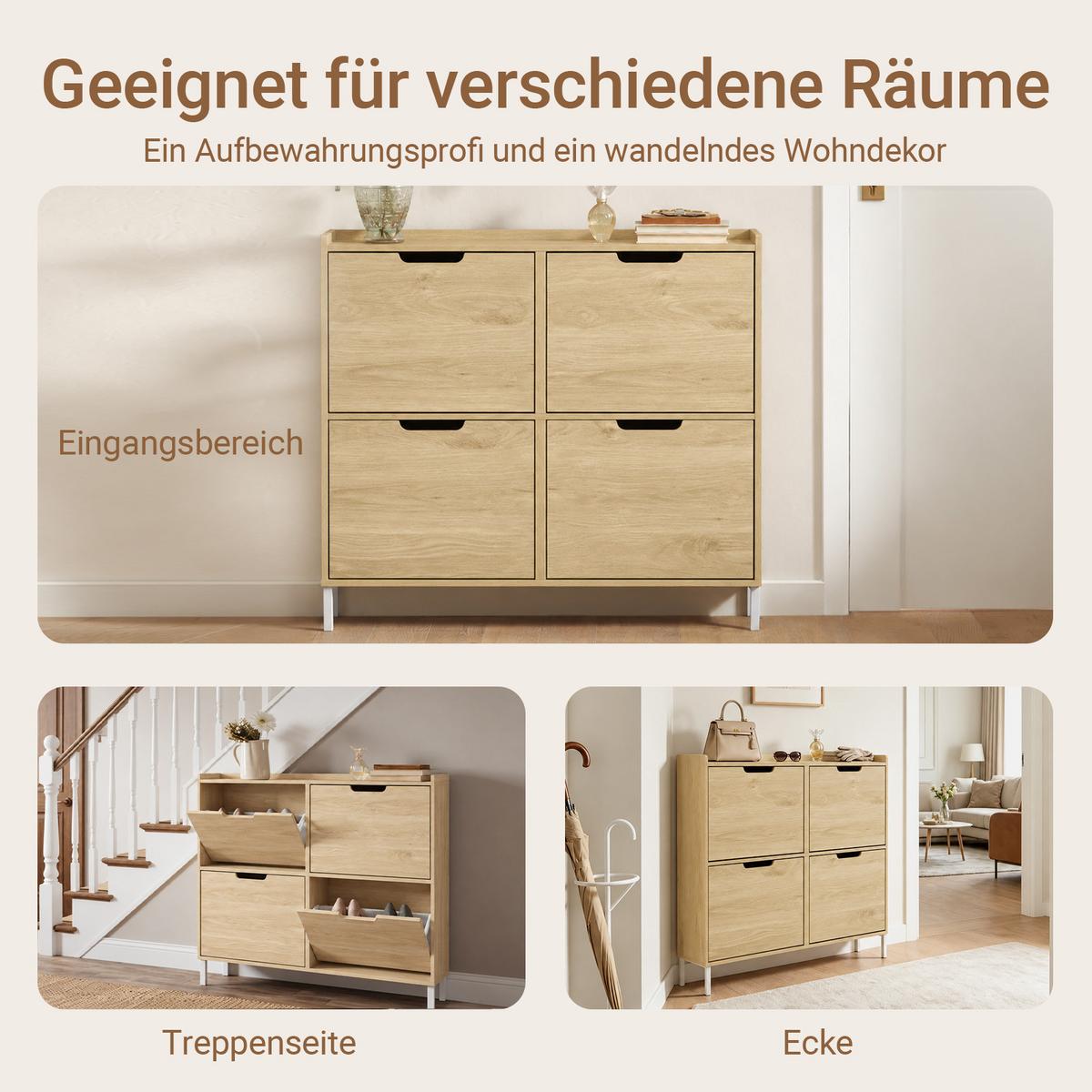 SCHUHSCHRANK, Natur, 100x91x19 cm, 4 Klappen, nur 19 cm tief, Flur & Diele - Naturfarben, Holzwerkstoff/Metall (100/90/19cm) - SoBuy