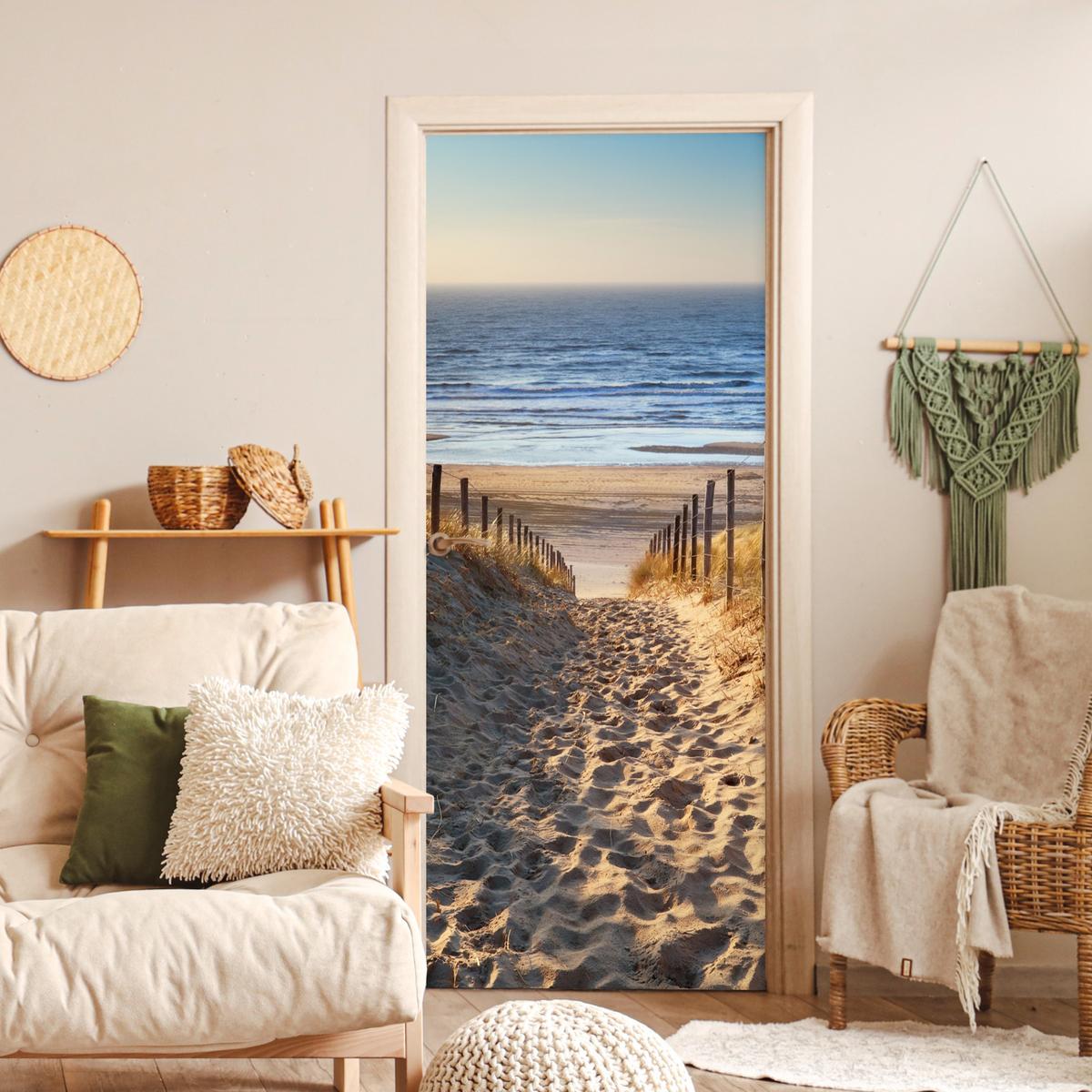 TÜRAUFKLEBER Strand - Meer - Niederlande - Dünen - Sonne Fototapete 75x205 cm - Türtapete - Blau, Kunststoff (75/0.1cm) - MuchoWow
