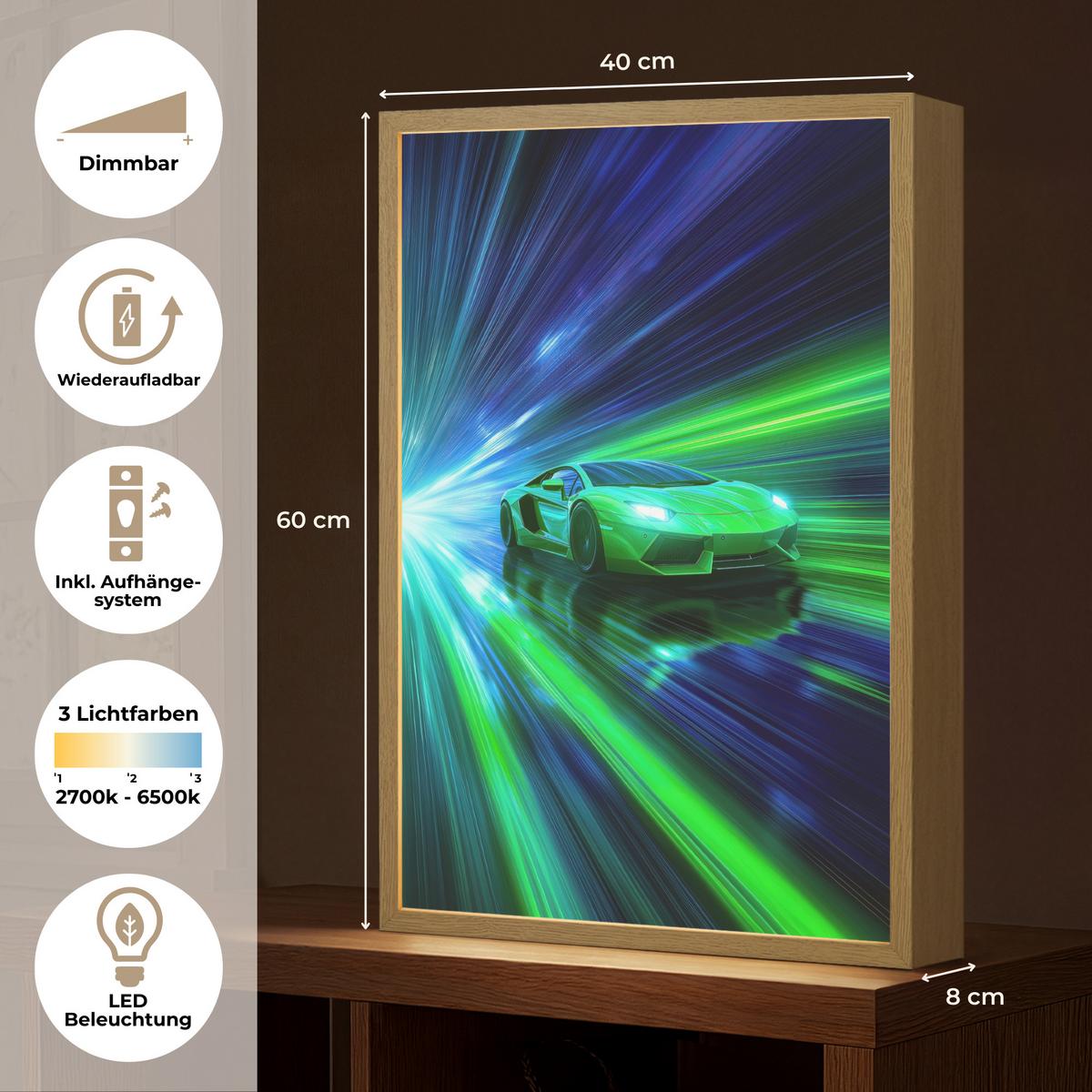 WANDLEUCHTE MIT AKKU Geschwindigkeit - Leicht - Sportwagen - Grün 40x60 cm - Grün, Holzwerkstoff (40/60/8cm) - OnlyWow