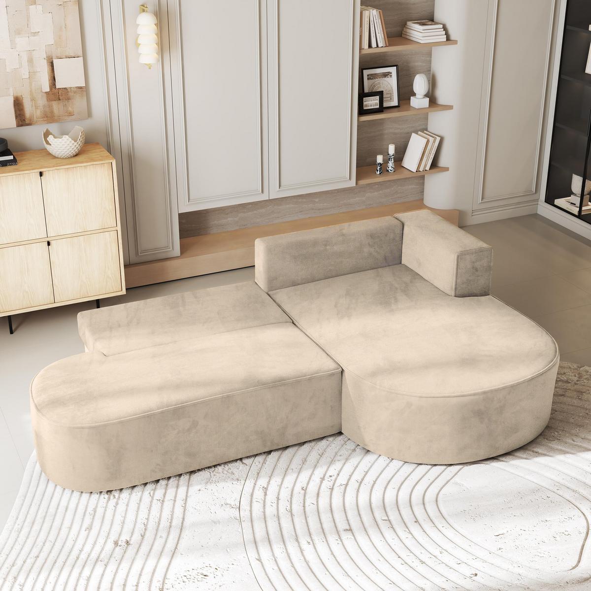 ECKSOFA CORTIO M R-S Creme Velours-Stoff mit Schlaffunktion - Creme/Grau, Holz/Kunststoff (265/174cm) - MASSENO