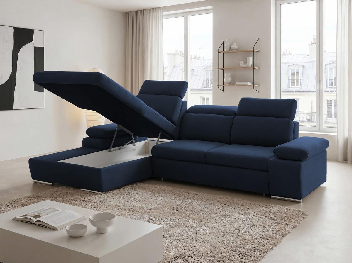 ECKSOFA PABLO mit Schlaffunktion und Bettkasten Marineblau - Dunkelblau, Holzwerkstoff/Kunststoff (250/90cm) - Idohome