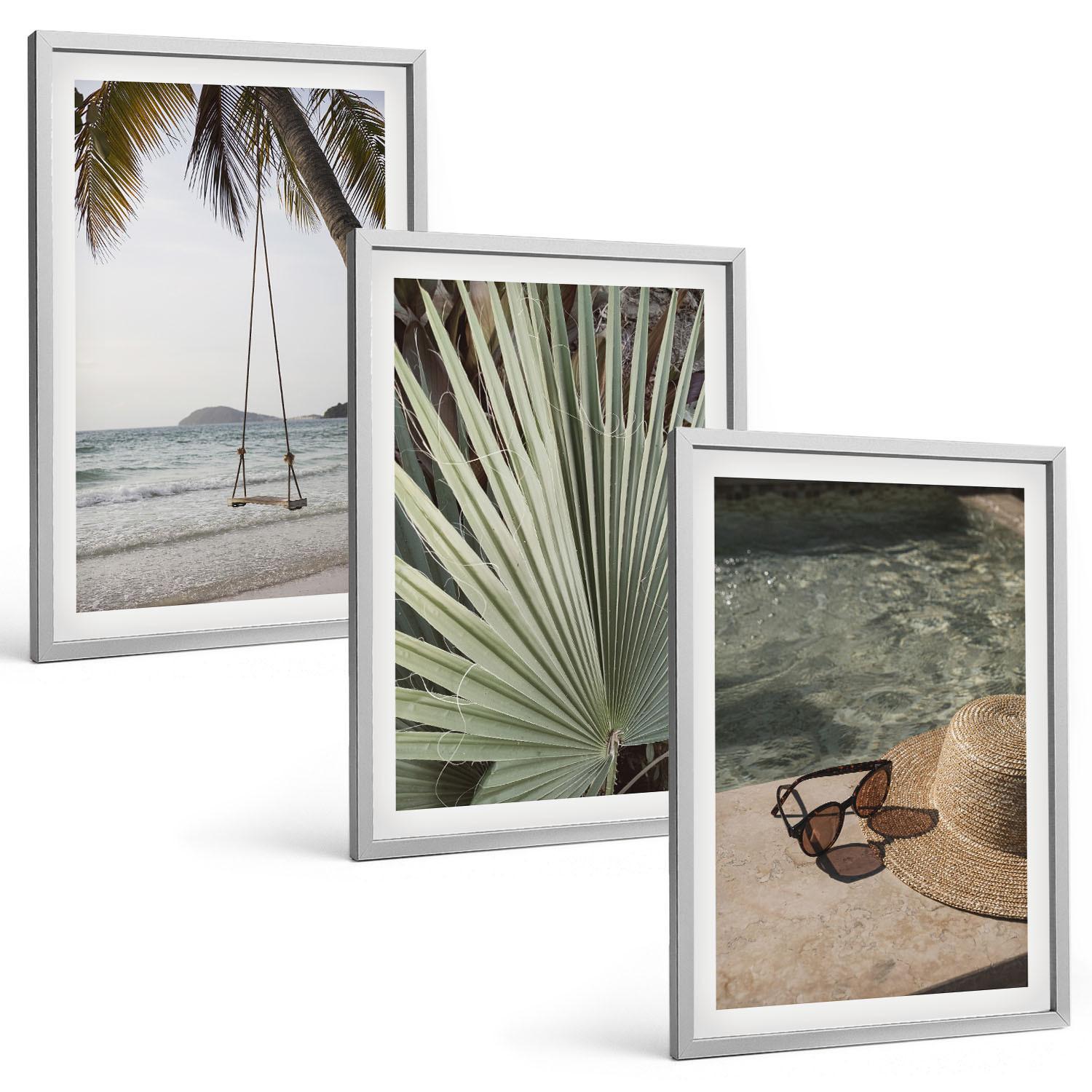 BILDER SET 3er Set - 40x60 cm Silberner Rahmen - Strandschaukel-Blätterurlaub - Silberfarben, Kunststoff (40/60cm) - TULUP