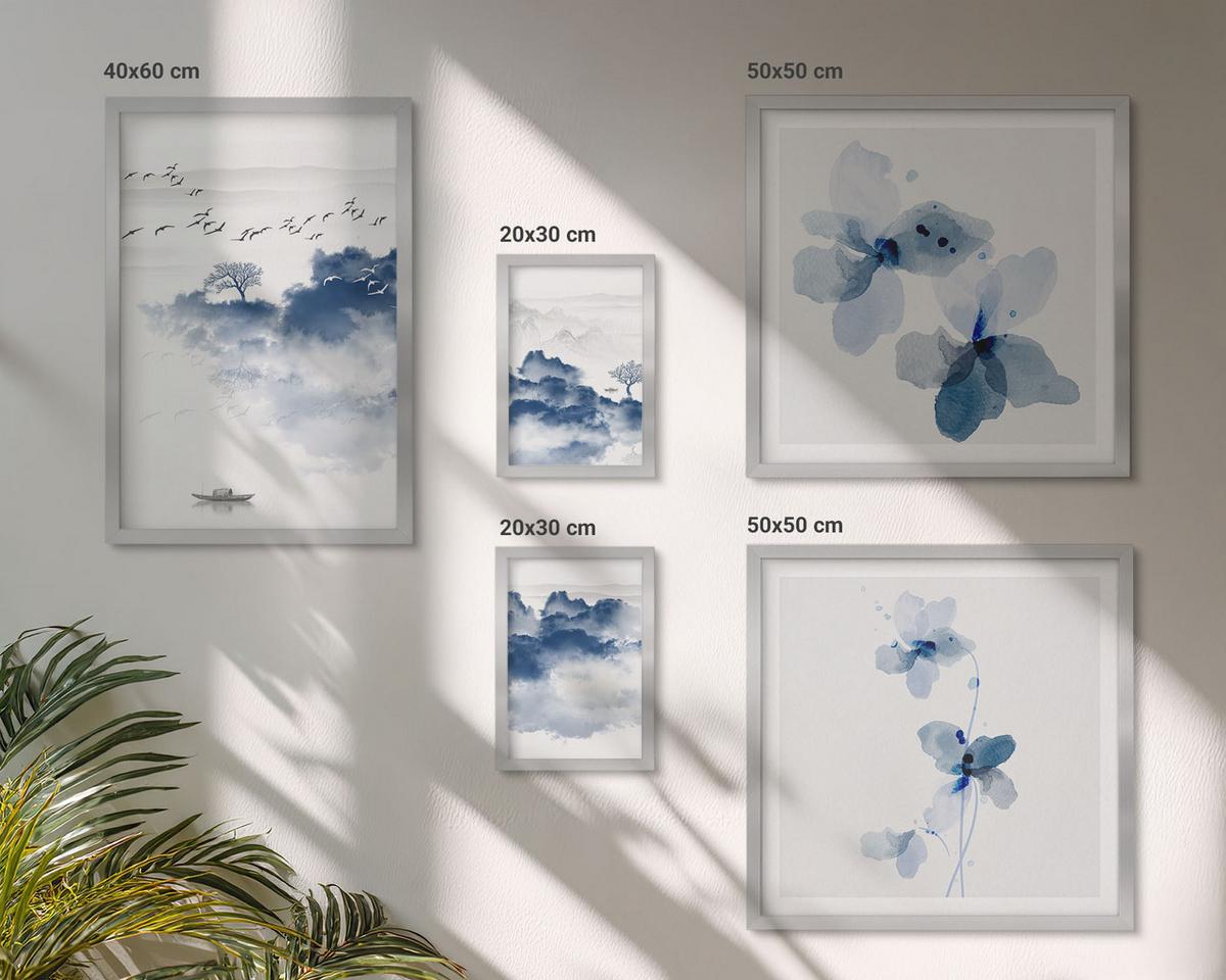 BILDER SET 5er Set - 50x50 cm & 20x30 cm & 40x60 cm Silberner Rahmen - Berge, Wolken, Bäume, Vögel im Hintergrund - Silberfarben, Kunststoff (40/60cm) - TULUP