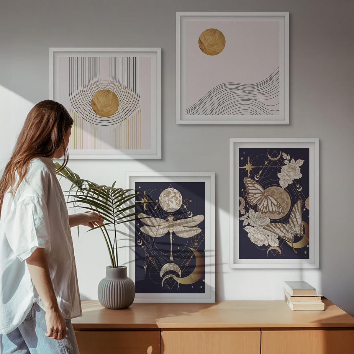 BILDER SET 4er Set - 50x50 cm & 40x60 cm Weißer Rahmen - Naturmotive mit dem Mond - Weiß, Kunststoff (50/50cm) - TULUP