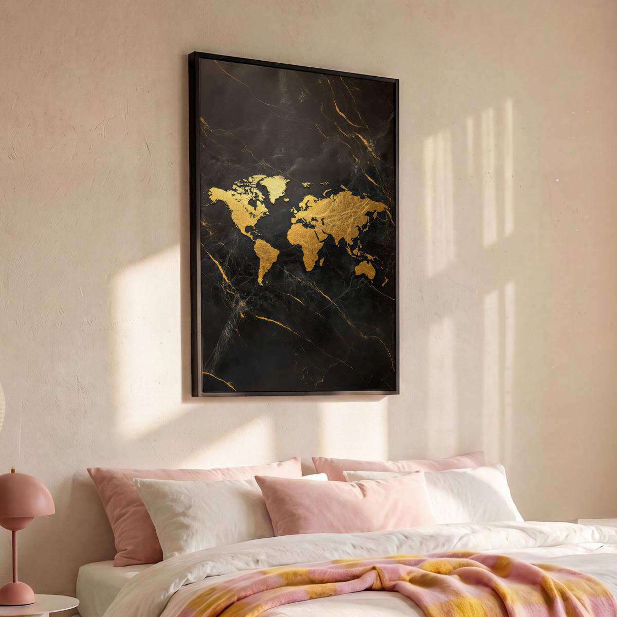 LEINWAND Bilder mit Rahmen - Weltkarte - Gold - Marmor - 100x150 - Goldfarben, Textil (100/150cm) - MuchoWow