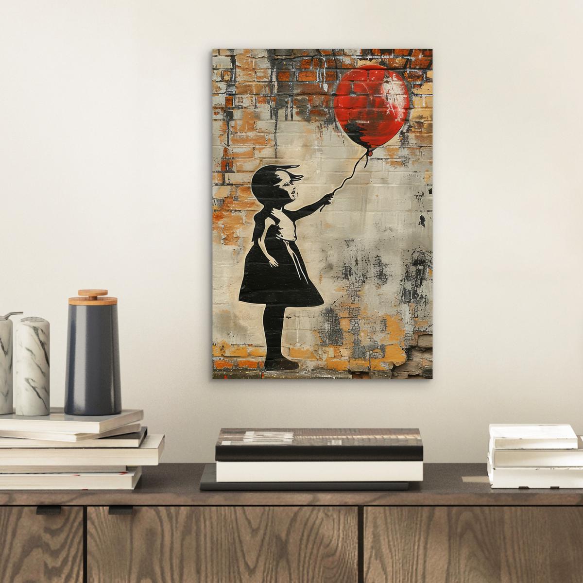 METALLBILD Graffiti - Banksy - Mädchen - Straßenkunst 20x30 cm - Sandfarben, Metall (20/30cm) - MuchoWow