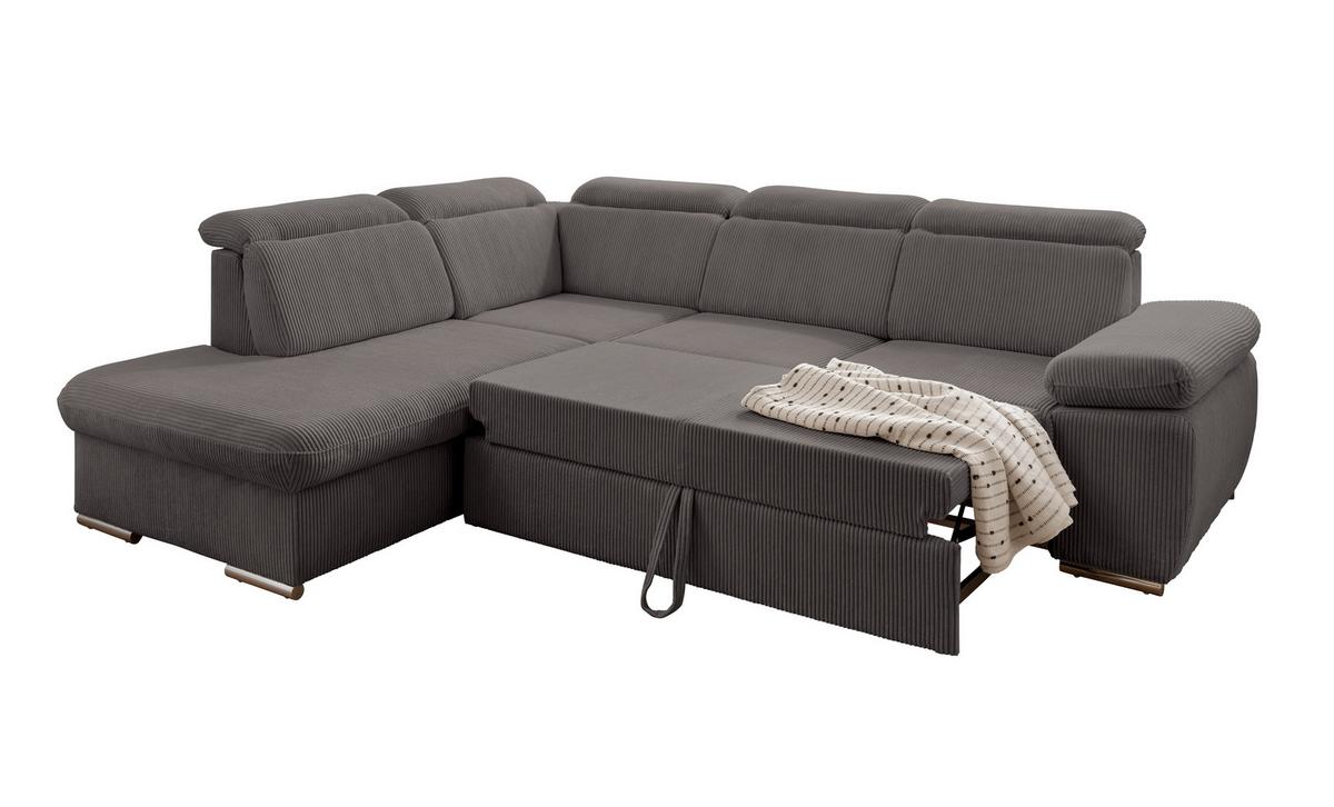 ECKSOFA mit Schlaffunktion, Bettkasten, Kopfstützen verstellbar, Wellenunterfederung, Ottomane links B283/T228/H102 cm, Cord Dunkelgrau / 17219 - Chromfarben/Dunkelgrau, Textil/Metall (283/228cm) - luma-home