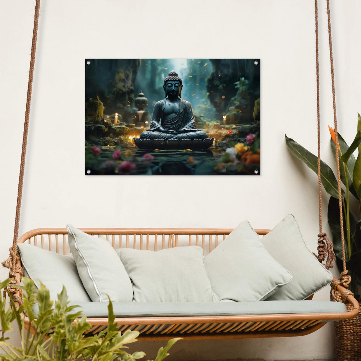 GARTENPOSTER Buddha - Statue - Buddha - Zen - Kunst - Buddha Gartendeko 90x60 cm - Dunkelgrau, Kunststoff (90/60/0.2cm) - OnlyWow