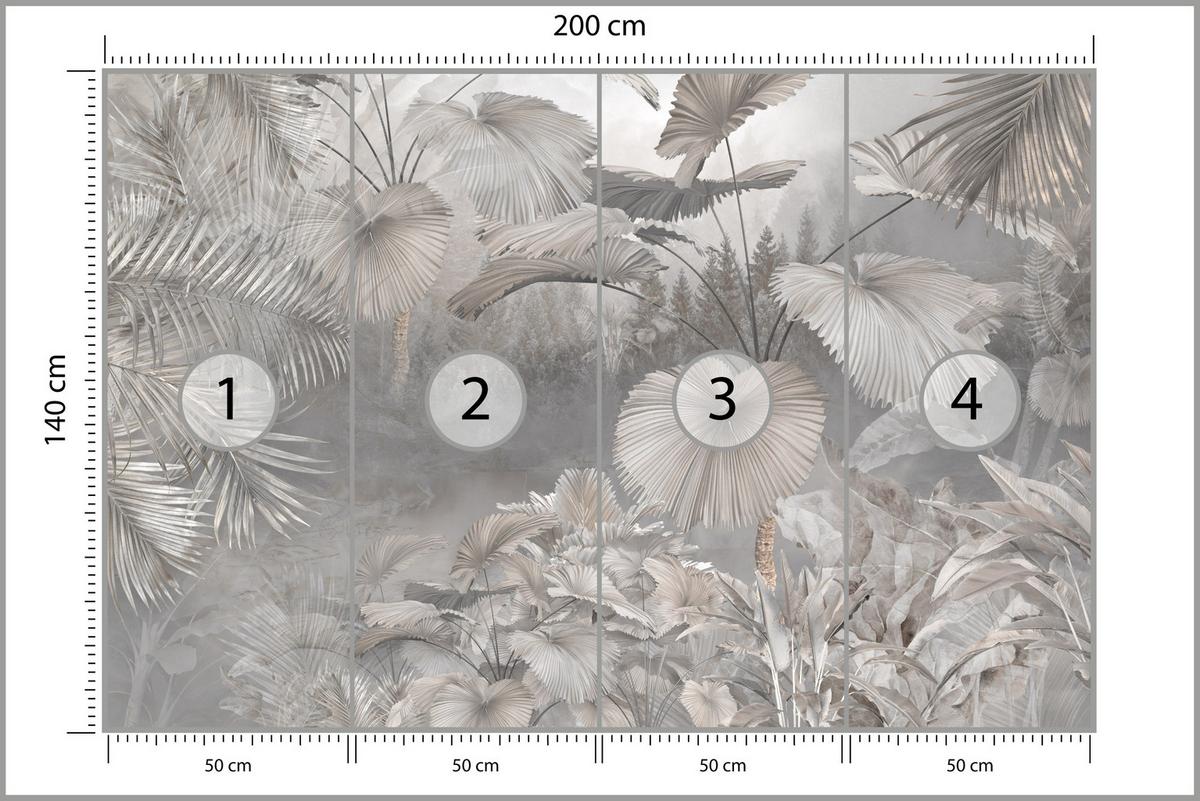FOTOTAPETE für Wohnzimmer Tropische Blätter Dschungel Palmen Grau 200x140 - Beige/Grau, Papier (200/140cm) - Muralo