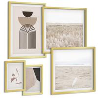 BILDER SET 5er Set - 50x50 cm & 20x30 cm & 40x60 cm Goldrahmen - Abstrakte weiß-braune Muster - Goldfarben, Kunststoff (40/60cm) - TULUP