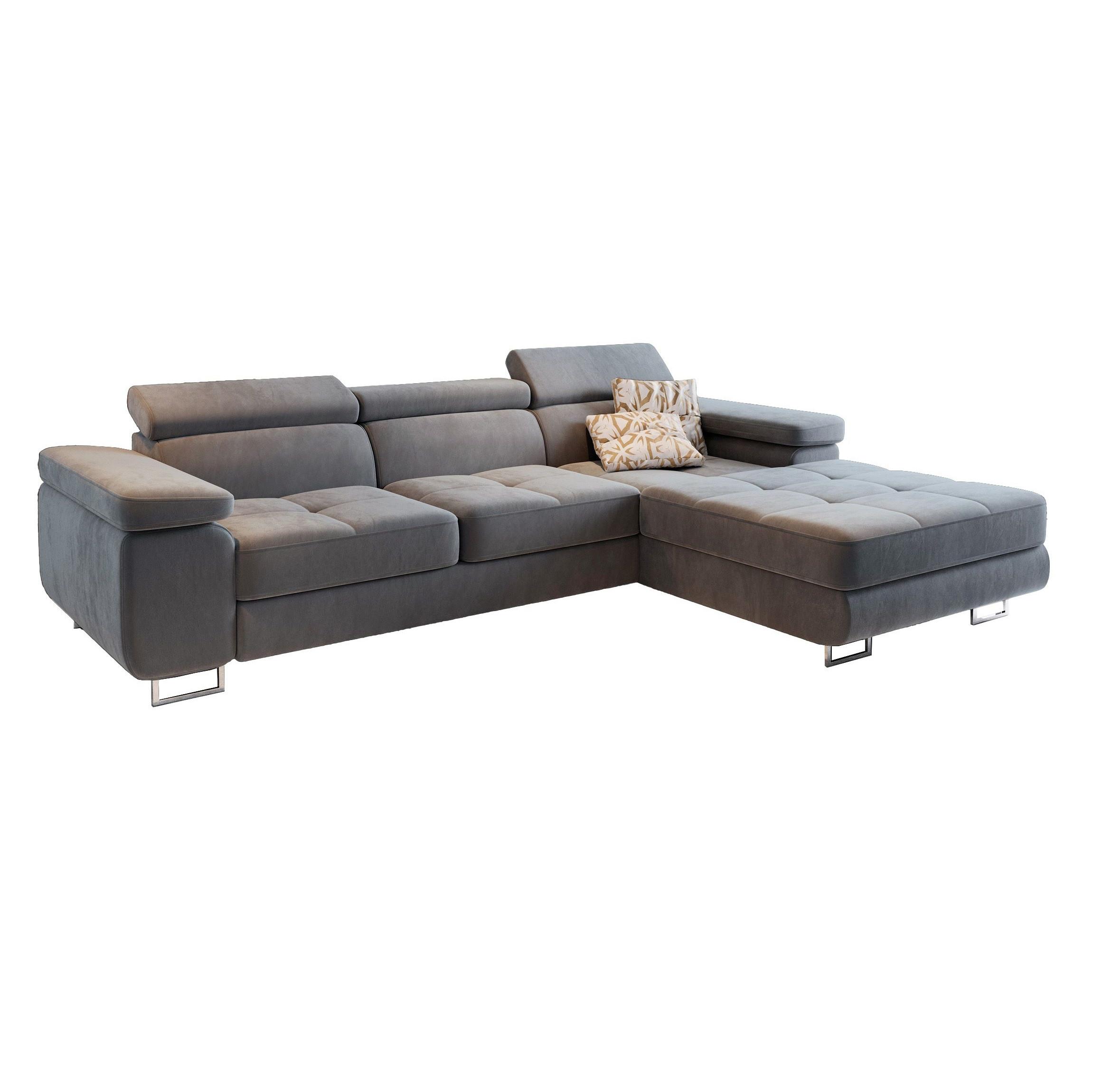 ECKSOFA ELMA R-S Hellgrau Velours-Stoff mit Schlaffunktion - Silberfarben/Hellgrau, Holz/Textil (280/205cm) - MASSENO