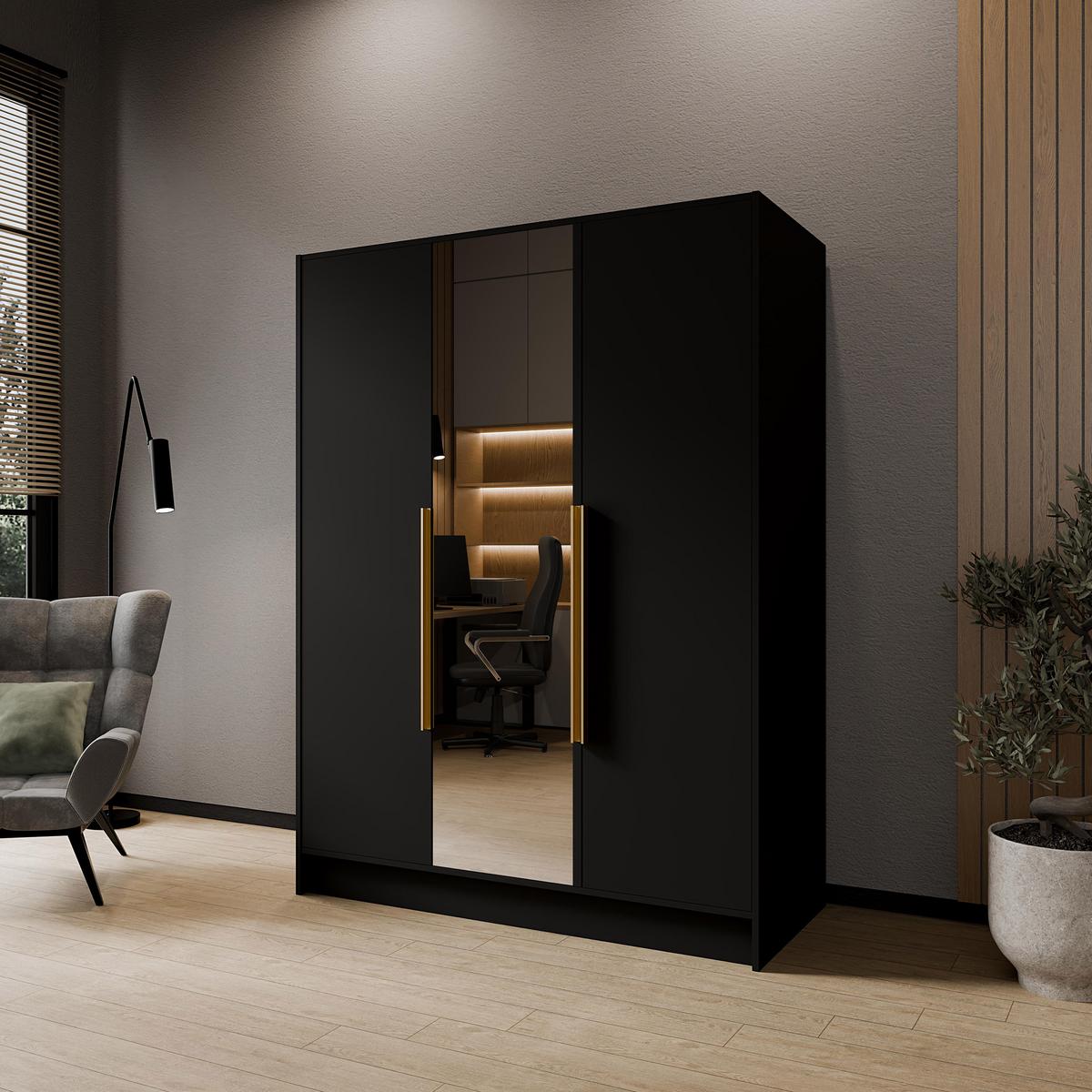 DREHTÜRENSCHRANK Laro mit Spiegel, Schwarz mit goldenen Griffen, 150 cm - Schwarz, Holzwerkstoff (150/200/51cm) - Beautysofa