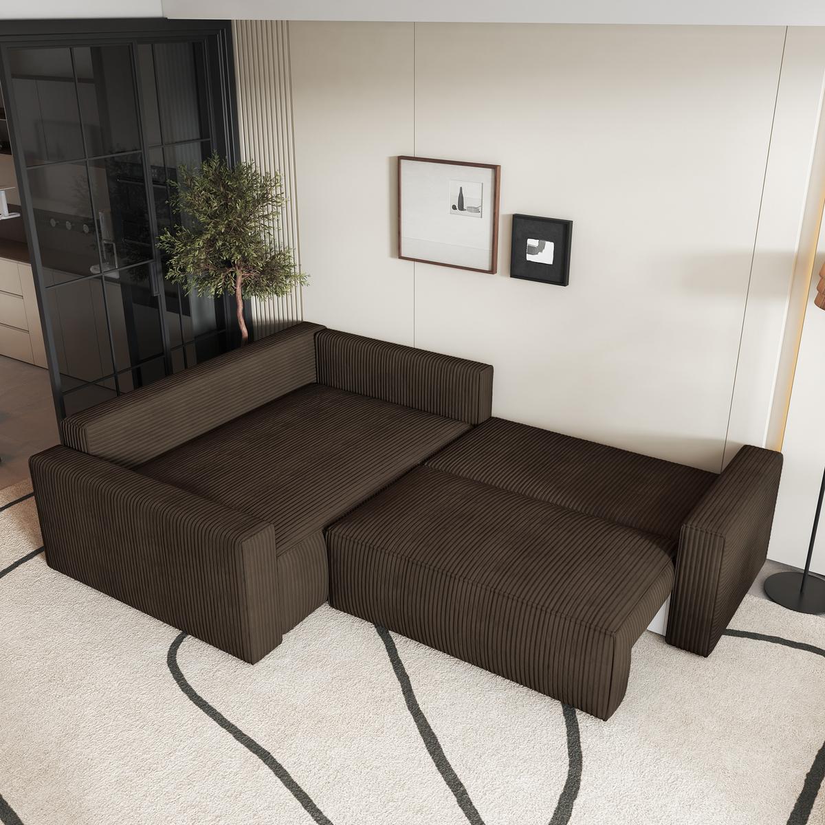 ECKSOFA ERONIS L-S Braun Kordstoff mit Schlaffunktion - Braun, Holz (265/194cm) - MASSENO