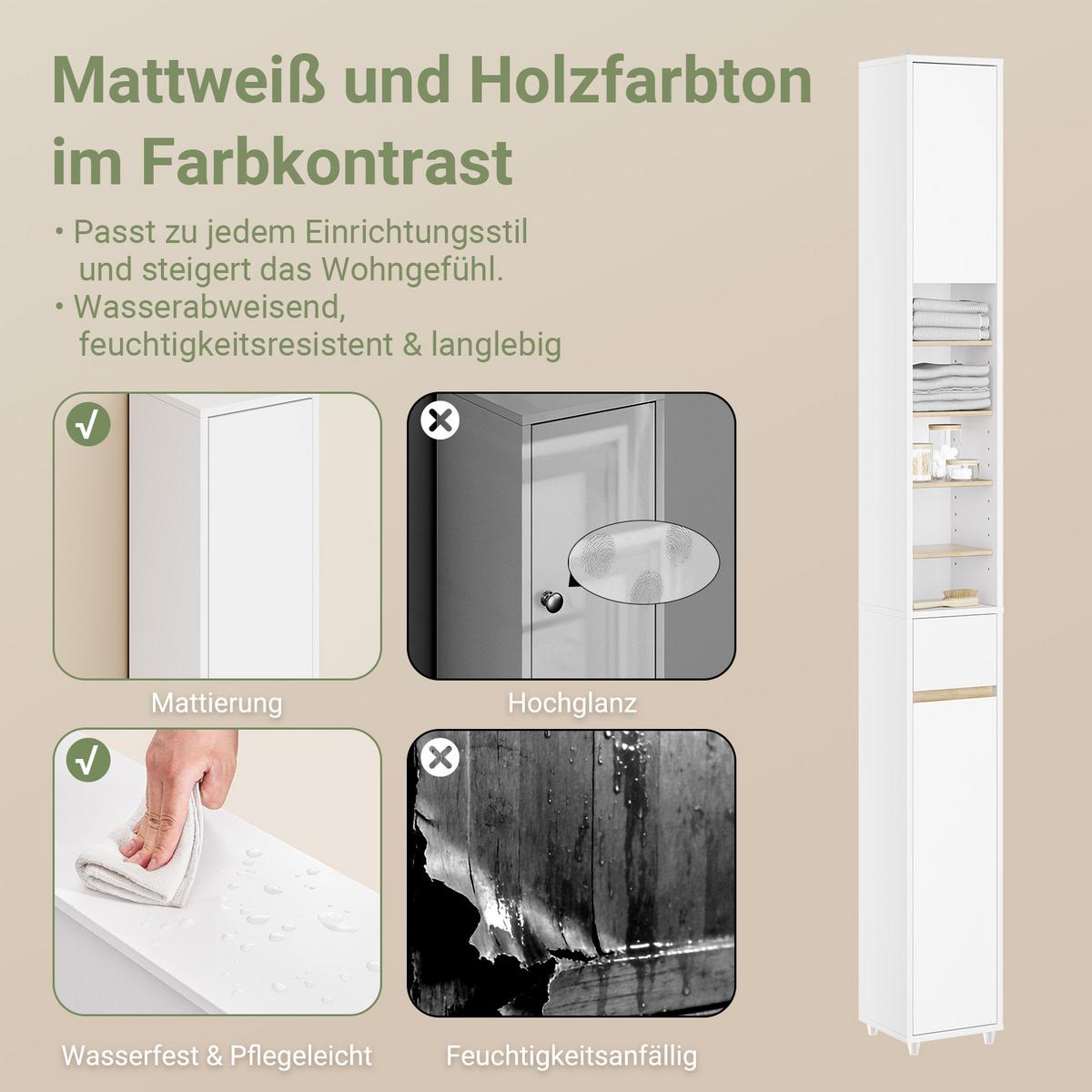 HOCHSCHRANK schmal Badschrank Weiß-Natur 20x180x20cm - Weiß/Naturfarben, Holzwerkstoff (20/180/20cm) - SoBuy