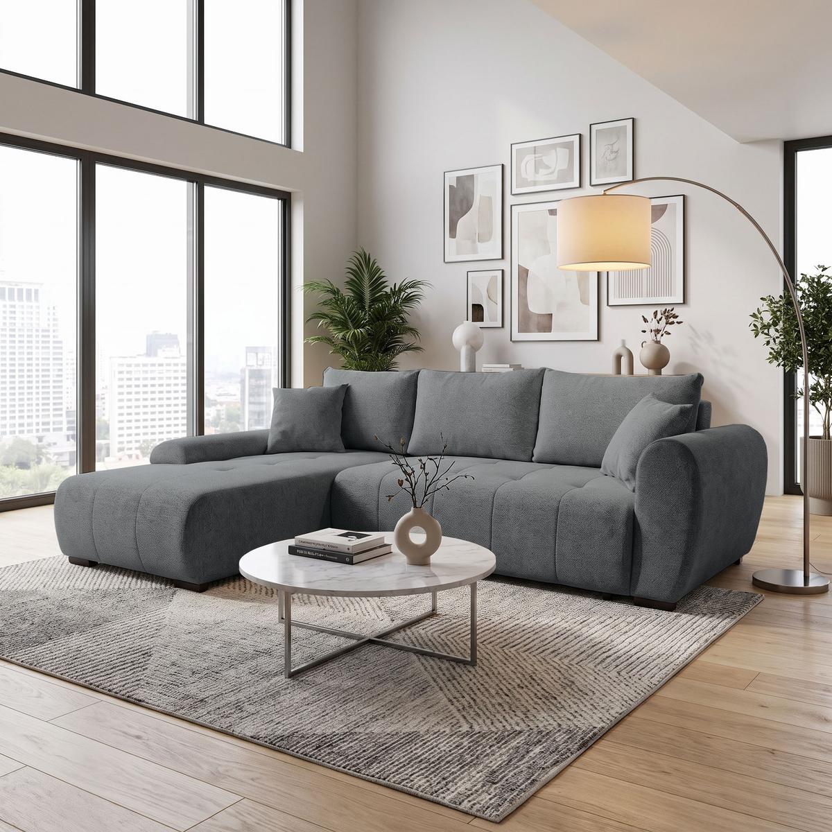 ECKSCHLAFSOFA Dallas mit Bettkasten, 255 cm, Dunkelgrau, links, Velour-Stoff - Dunkelgrau, Textil (255/175cm) - Beautysofa