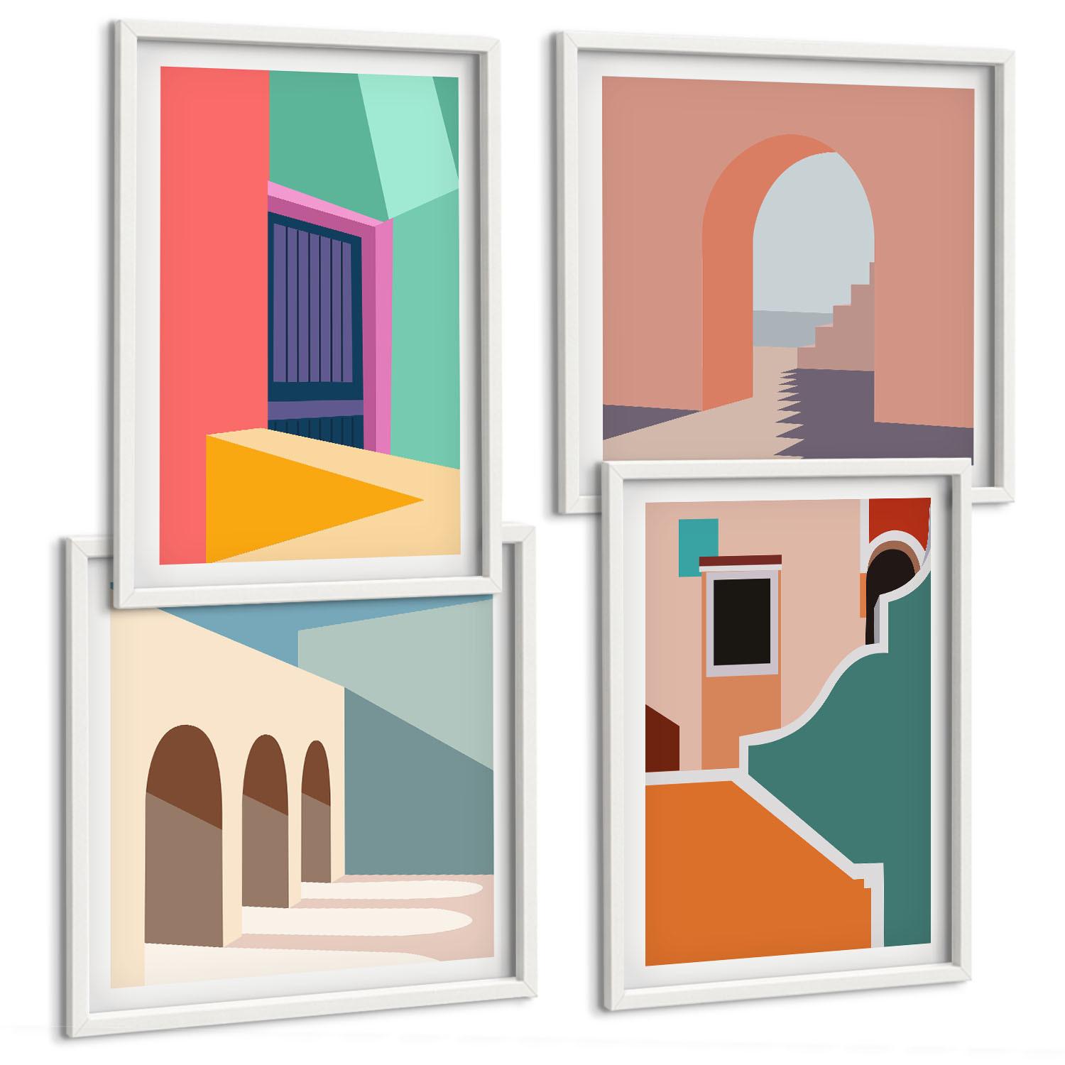 BILDER SET 4er Set - 50x50 cm & 40x60 cm Weißer Rahmen - Farbenfrohe Illustrationen der Stadt - Weiß, Kunststoff (50/50cm) - TULUP