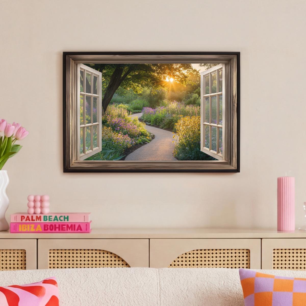 LEINWAND Bilder mit Rahmen - Aussicht - Blumen - Natur - Sonne - Weg - 60x40 - Hellgelb, Textil (60/40cm) - MuchoWow