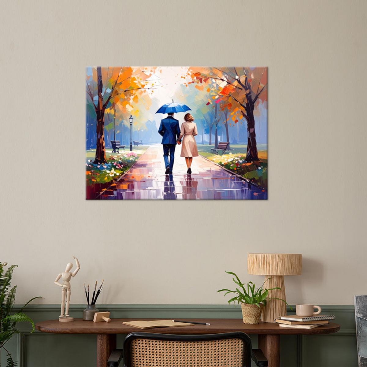 LEINWANDBILD Paar spaziert im Park 120x80cm - Multicolor, Textil (120/80cm) - Feeby