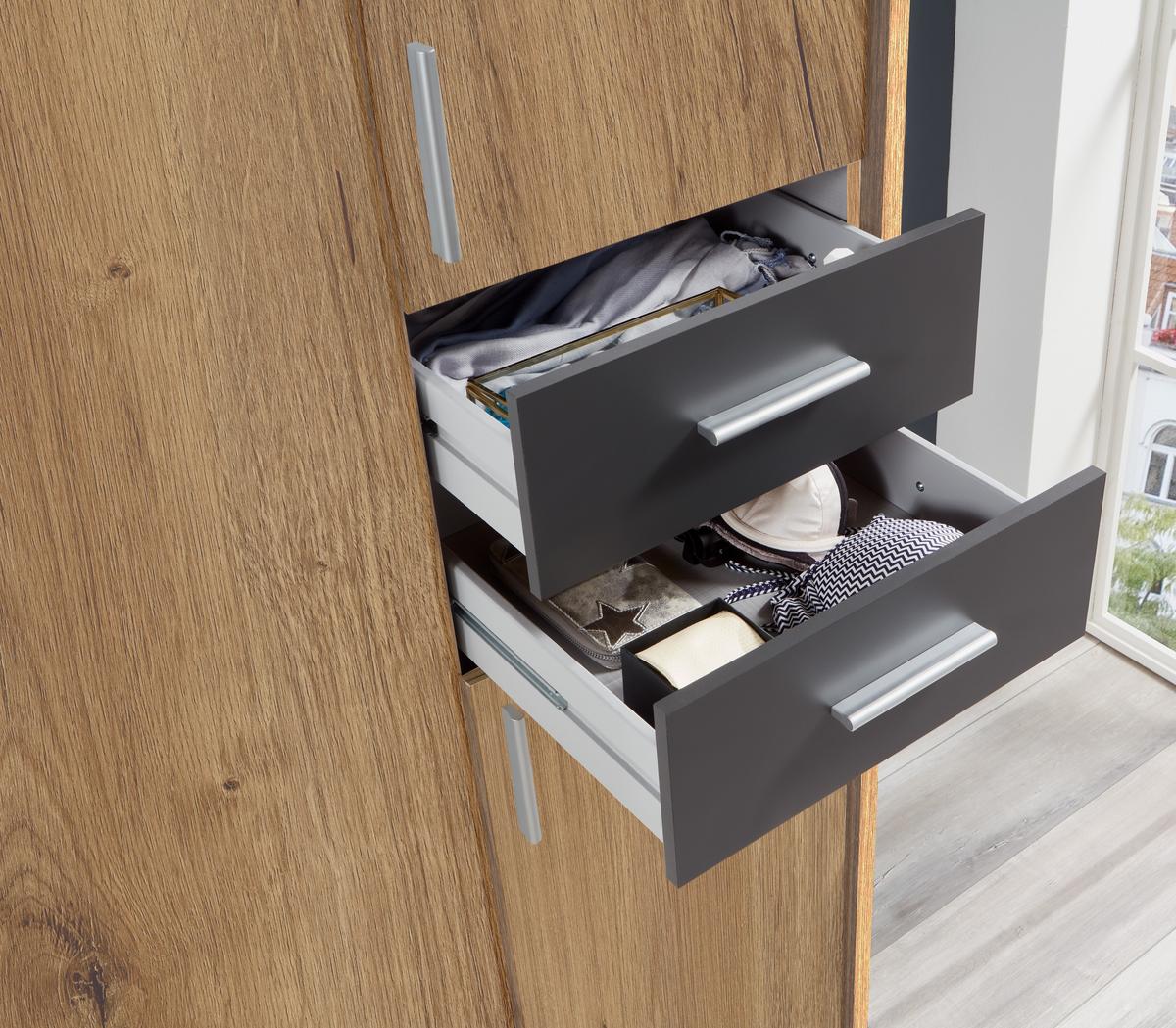 DREHTÜRENSCHRANK B228/H210/T58 cm in Eiche Dekor mit Absetzungen in Grafit, Kleiderschrank mit Passepartout & 1 Spiegeltür & Schubkästen / 22570 - Eichefarben/Silberfarben, Holzwerkstoff/Kunststoff (228/210/58cm) - luma-home