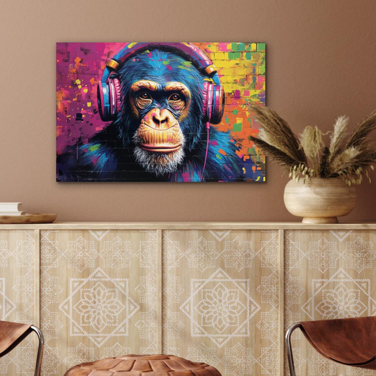 METALLBILD Graffiti - Schimpanse - Straßenkunst - Kopfhörer - Affe Wandbild 60x40 cm - Blau, Metall (60/40cm) - MuchoWow