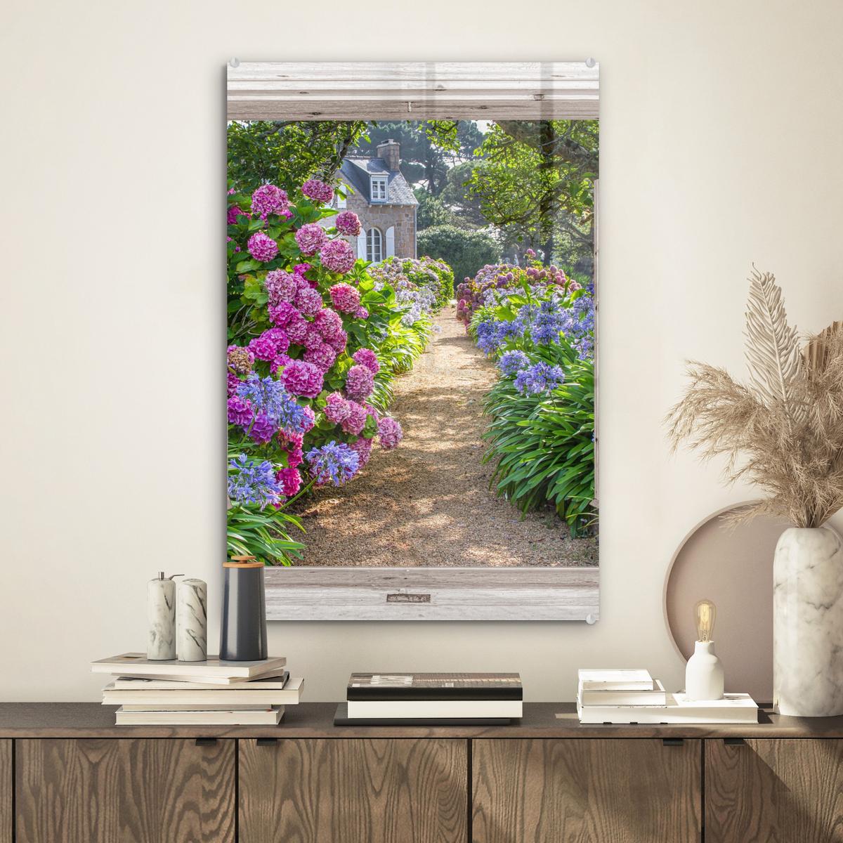 ACRYLGLASBILD Hortensie - Durchsichtig - Blumen - Sommer - Lila - Weg Wanddeko Wohnzimmer 40x60 cm - Lila, Glas (40/60cm) - MuchoWow