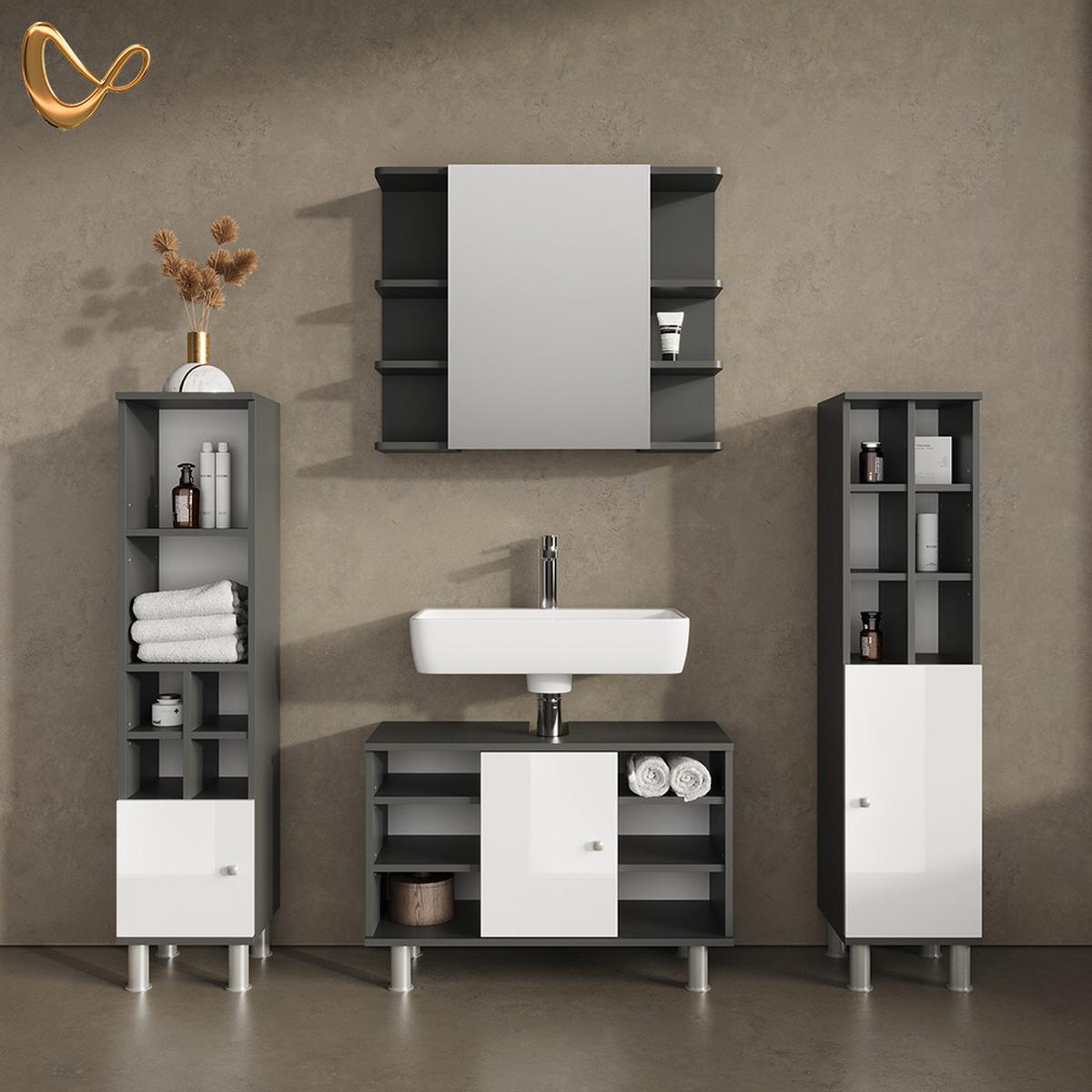 BADMÖBEL-SET Fucino Anthrazit 4 Teile, mit Midischränke - Anthrazit, Holzwerkstoff (80/54/32cm) - Livinity®