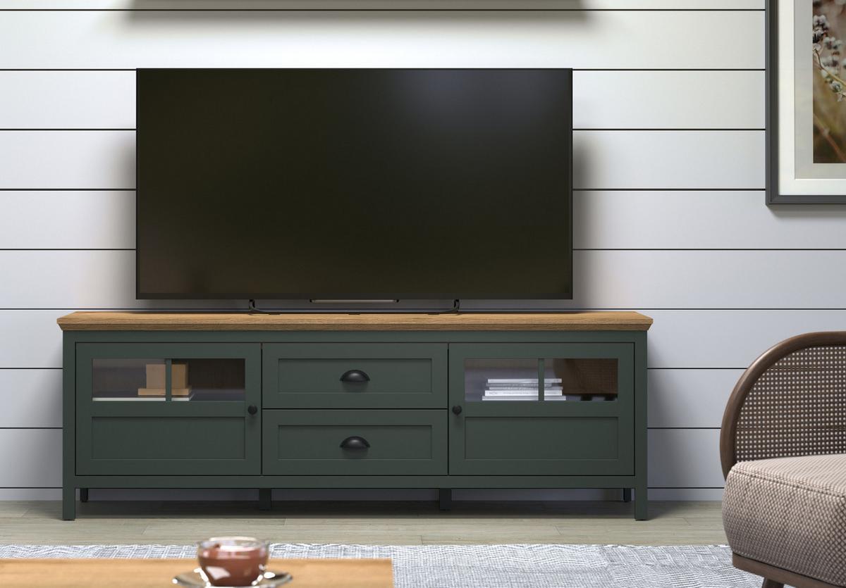 TV-LOWBOARD grün, Evoke Eiche Landhaus 184 x 64 cm, TV Unterteil inklusive LED Beleuchtung - Eichefarben/Schwarz, Holzwerkstoff/Kunststoff (184/64/45cm) - Top.Furn