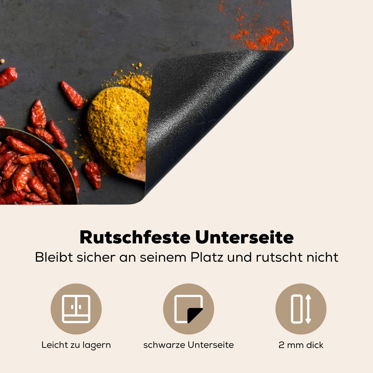 HERDABDECKPLATTE Kräuter - Lebensmittel - Gewürze - Schwarz - Paprika - Zimt Induktionsschutz 81.6x52.7 cm - Currygelb, Kunststoff (81.6/52.7/0.2cm) - MuchoWow