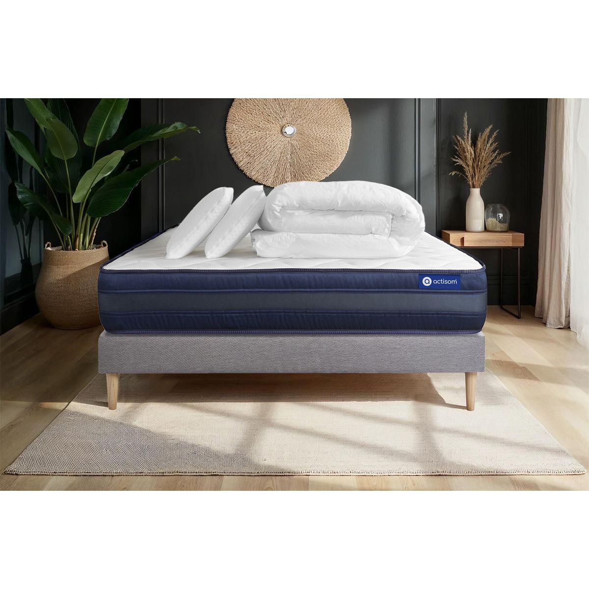 BETT Actiflex tech Taschenfederkern und Memory-Schaum 160 x 200 cm h4 - Kit Bettgestell Grau - Mit Kissen und Bettdecke - Beige/Grau, Karton/Holz (160/200cm) - ACTISOM