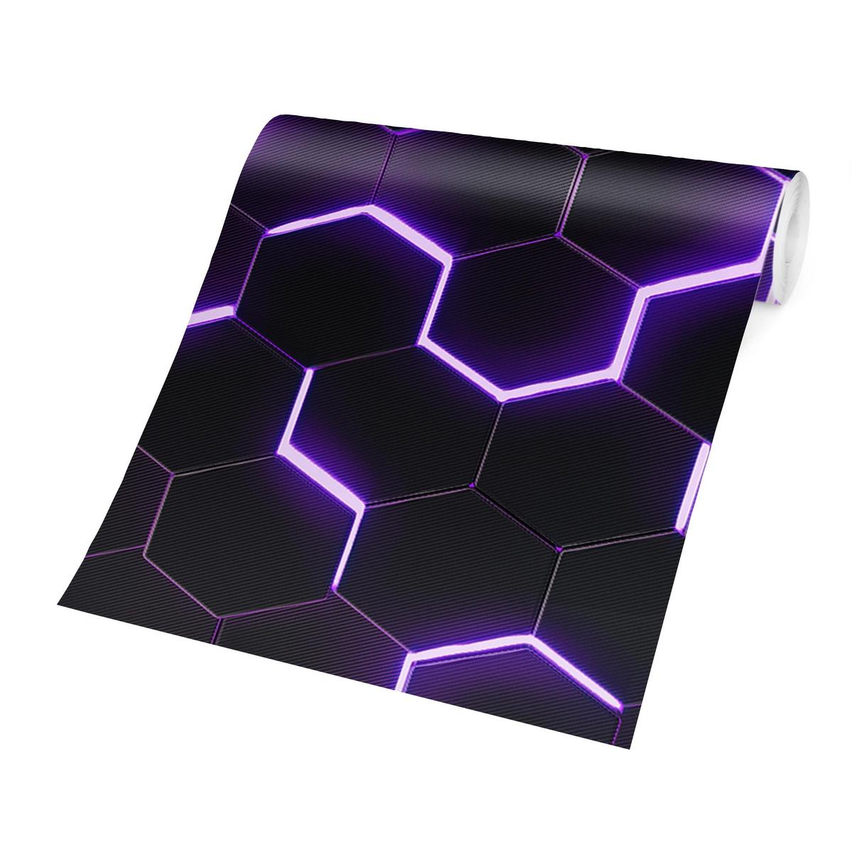 FOTOTAPETE Strukturierte Hexagone mit Neonlicht in Lila 432/290 cm - Schwarz, Papier (432/290cm) - Bilderwelten