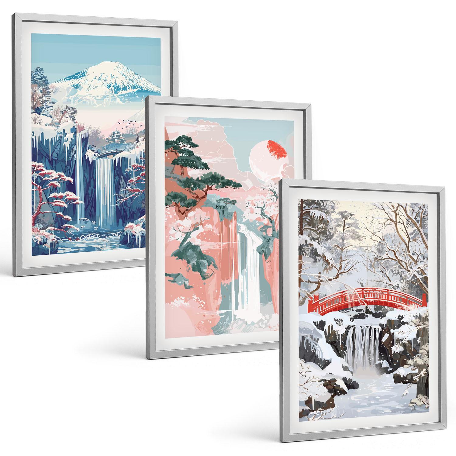 BILDER SET 3er Set - 40x60 cm Silberner Rahmen - Berglandschaften, Wasserfälle - Silberfarben, Kunststoff (40/60cm) - TULUP