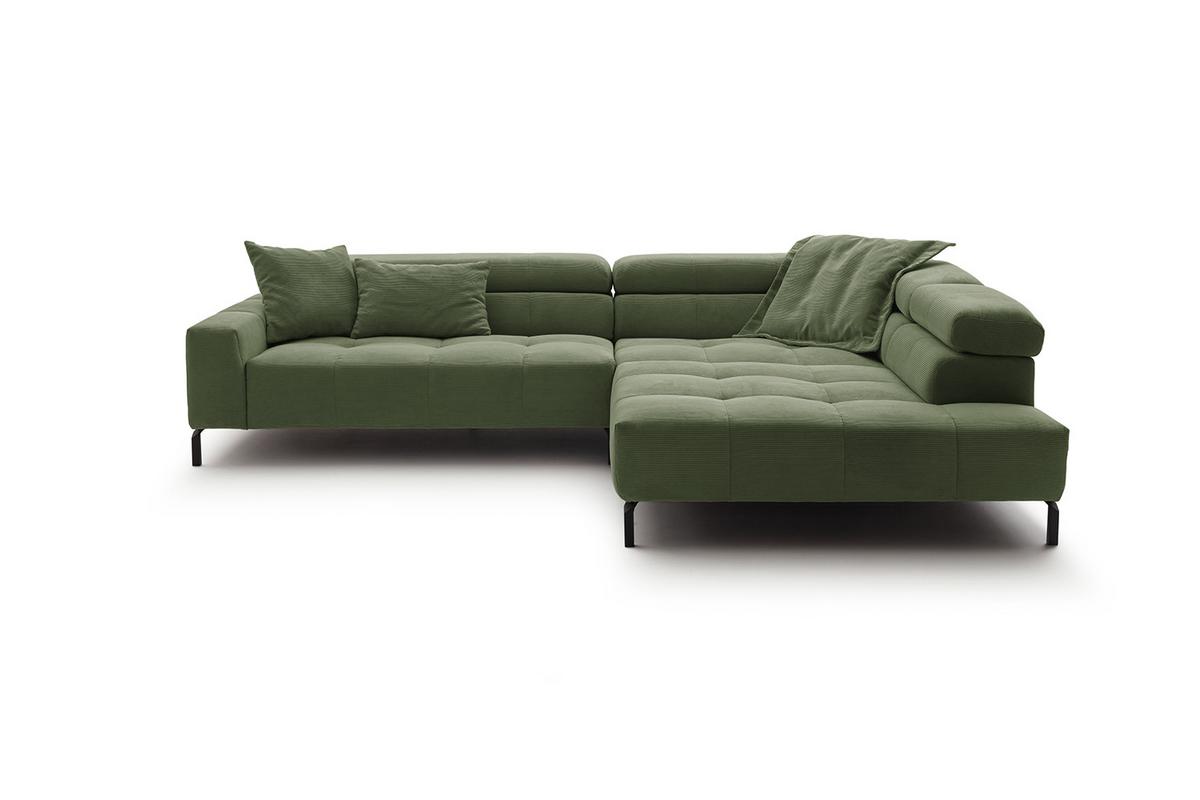ECKSOFA MIT MOTORISCHEM SITZVORZUG OHIO Grün Cord Relaxfunktion - Schwarz/Olivgrün, Textil/Metall (311/219cm) - KAWOLA