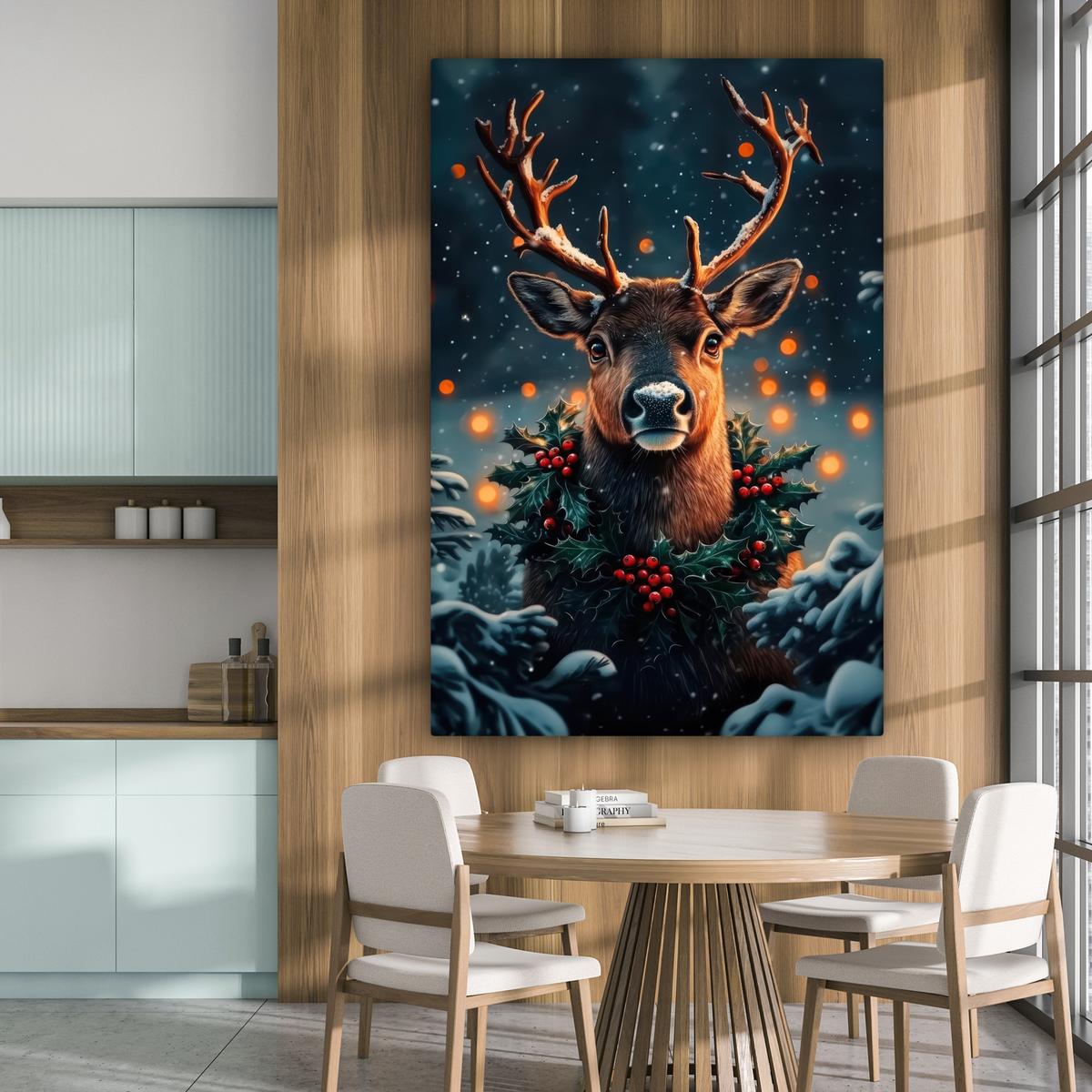 LEINWANDBILD Hirsch - Weihnachten - Winter - Schnee - Weihnachtskranz Deko Groß 90x140 cm - Dunkelbraun, Textil (90/140cm) - MuchoWow