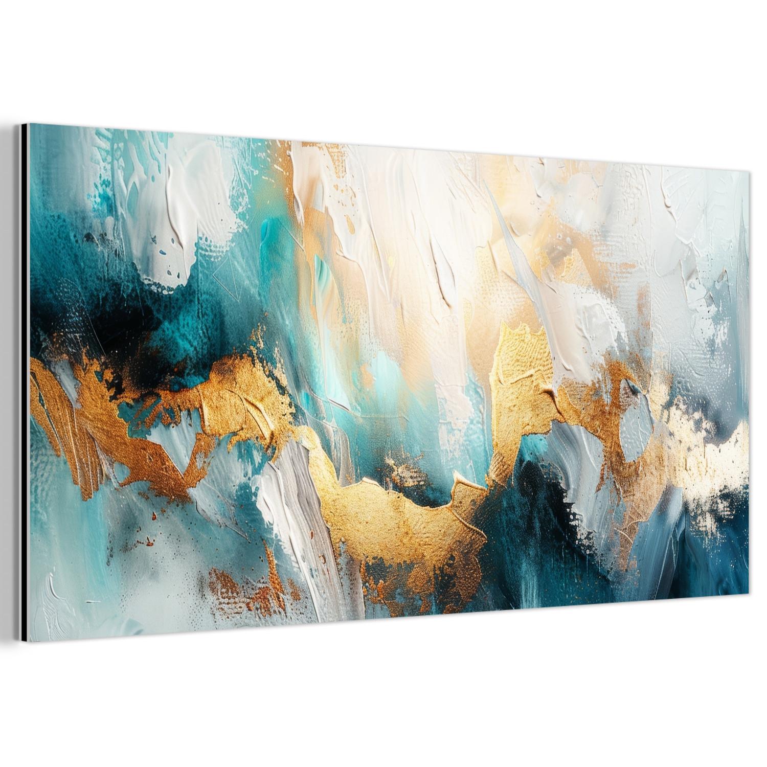 METALLBILD Abstrakt - Kunst - Gold - Blau 80x40 cm - Petrol, Metall (80/40cm) - MuchoWow