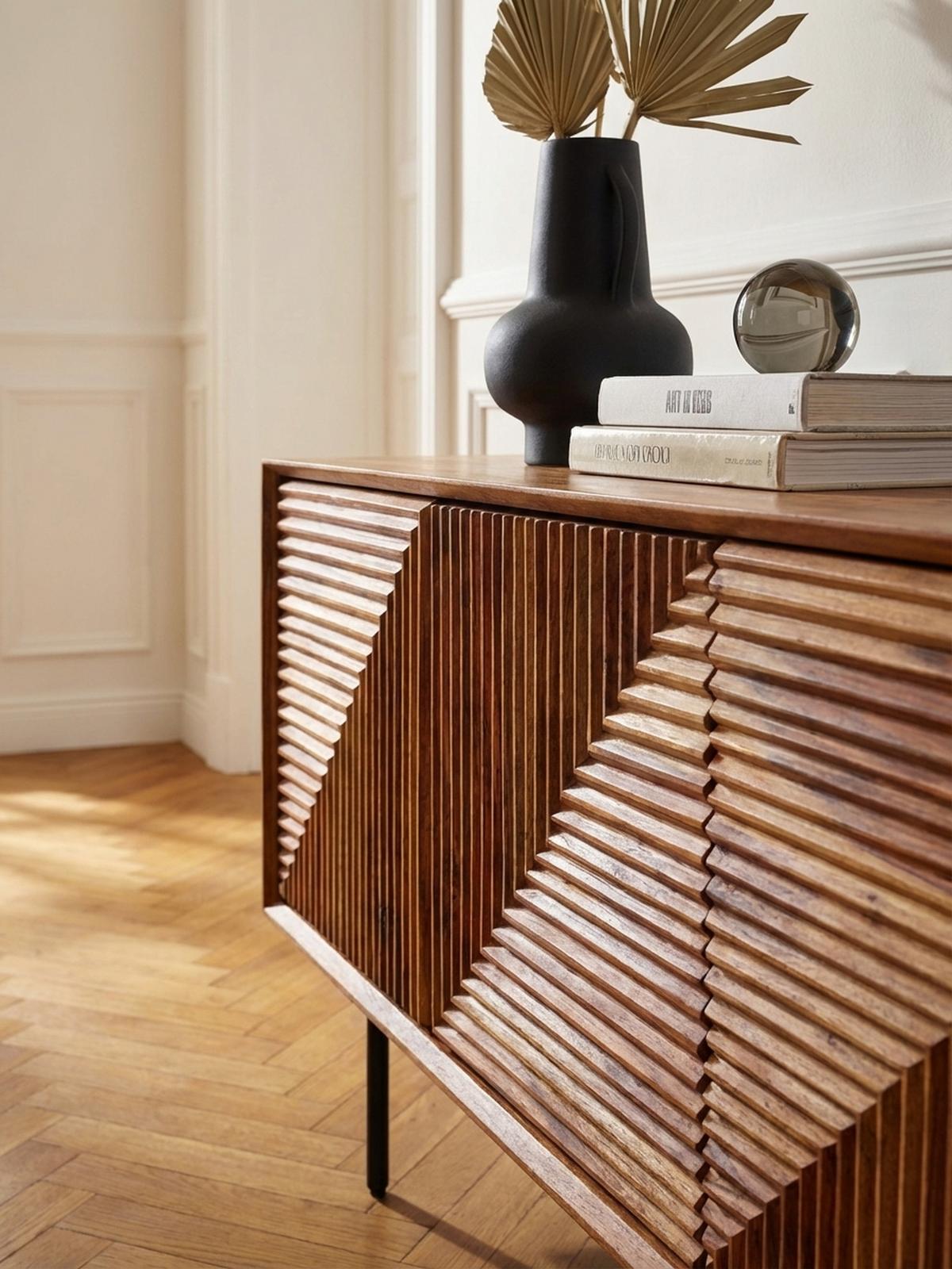 LOWBOARD Massivholz Modern Stil Modell Spectrum mit 3D-Oberfläche und Edelstahl-Gestell - Schwarz/Braun, Holz/Metall (140/54/33cm) - KADIMA DESIGN
