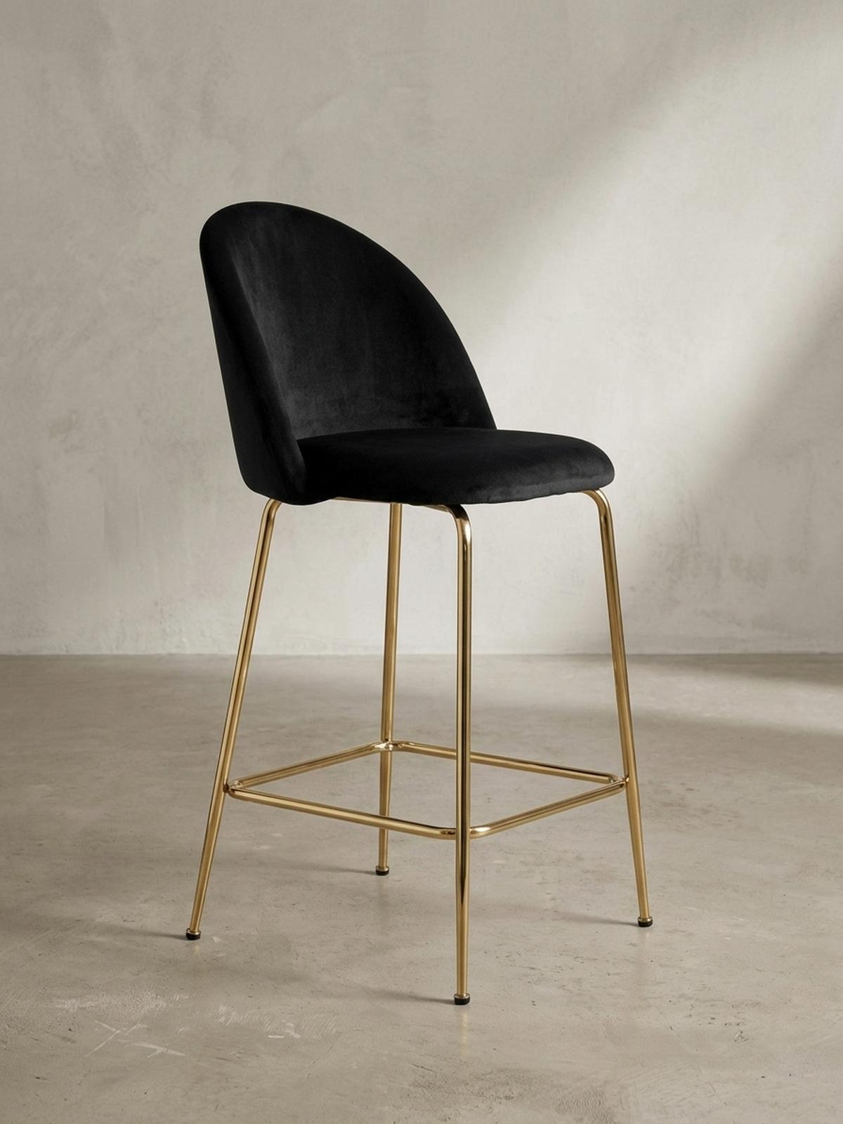 BARHOCKER 2er Set Samt Lehne Goldgestell Skandi-Stil Gepolstert, Schwarz 50x50x102 cm - Goldfarben/Schwarz, Textil/Metall (50/102/50cm) - KADIMA DESIGN