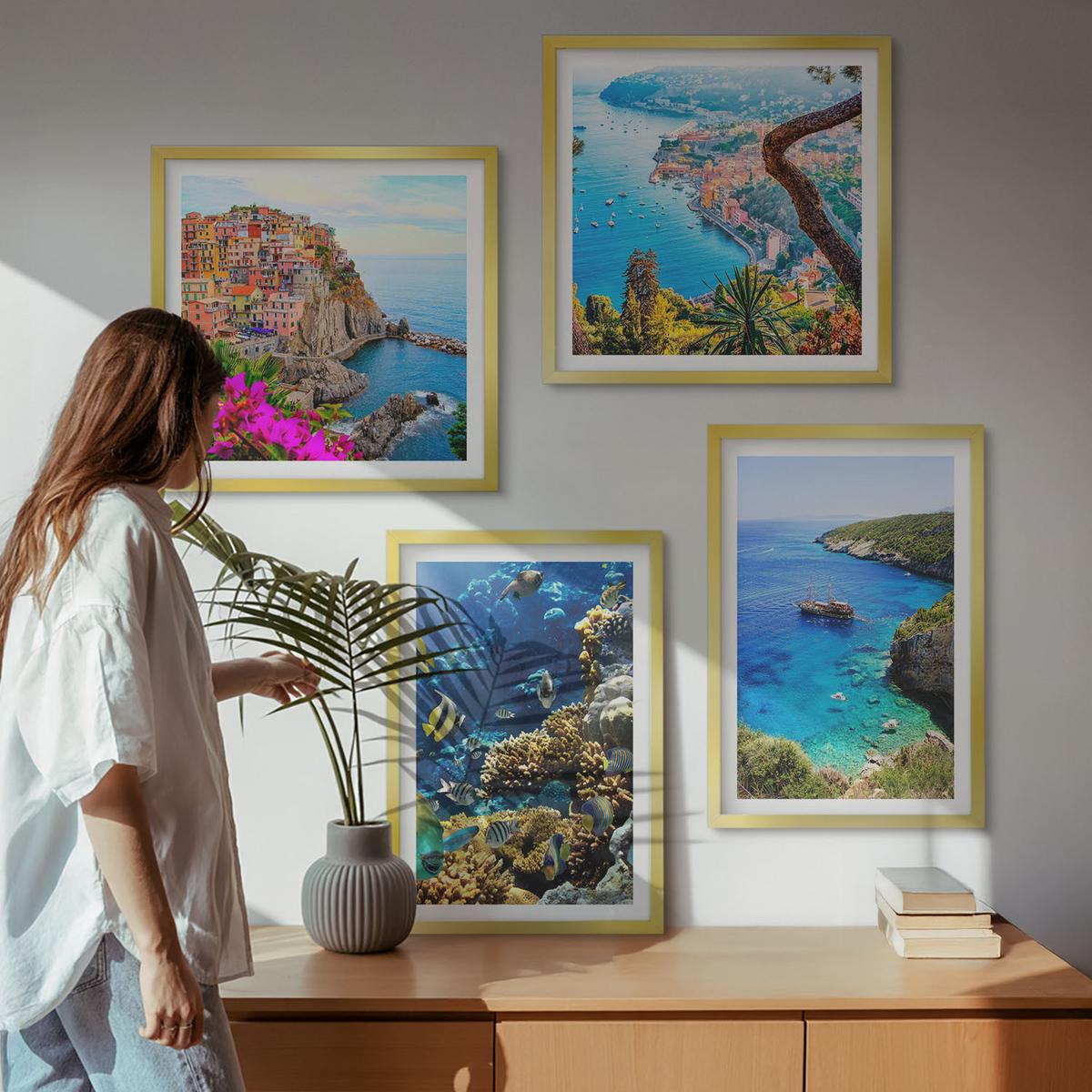 BILDER SET 4er Set - 50x50 cm & 40x60 cm Goldrahmen - Meerblick, farbenfrohe Häuser - Goldfarben, Kunststoff (50/50cm) - TULUP