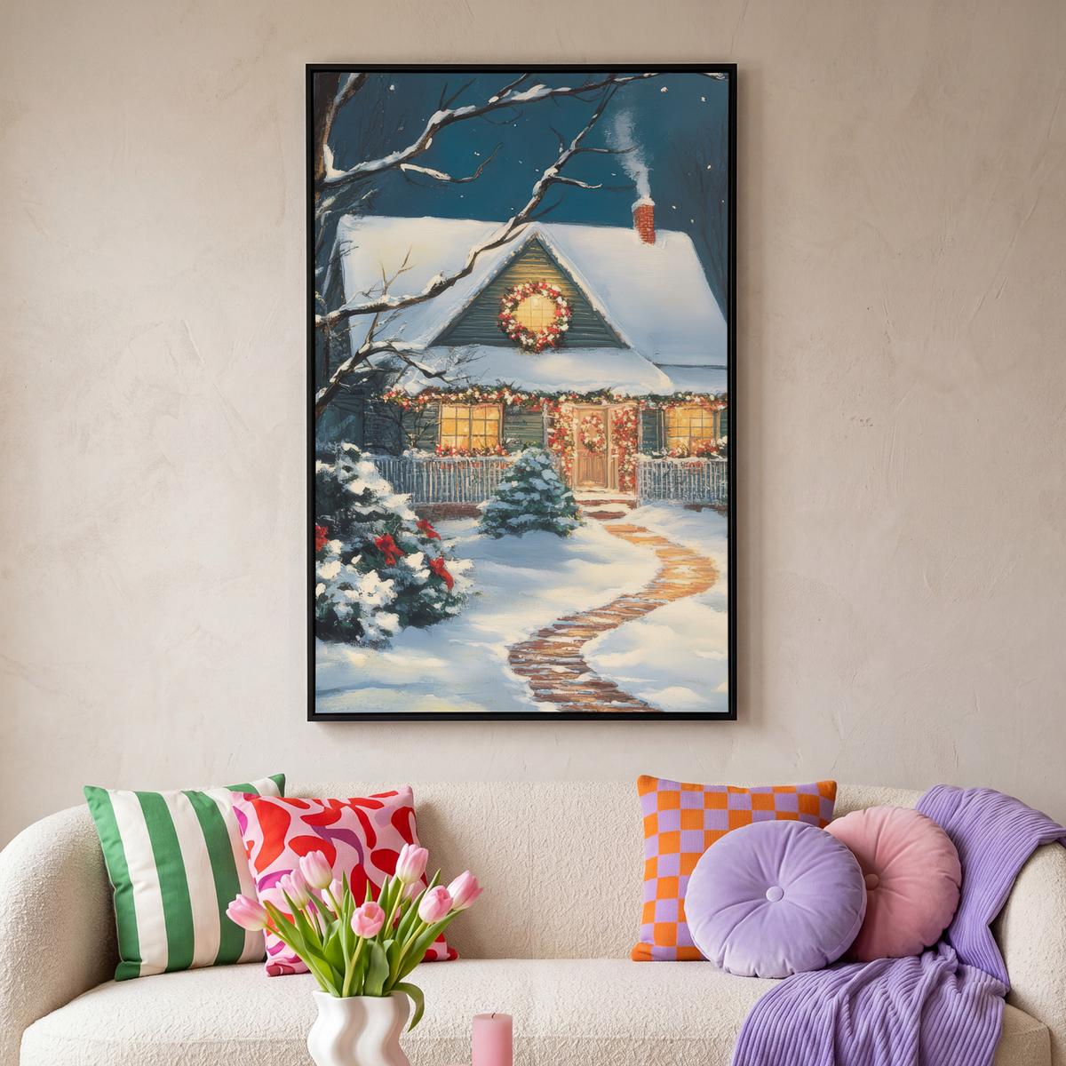 LEINWAND Bilder mit Rahmen - Weihnachten - Weihnachtsbaum - Winter - Zuhause - Schnee - 80x120 - Smaragdgrün, Textil (80/120cm) - MuchoWow
