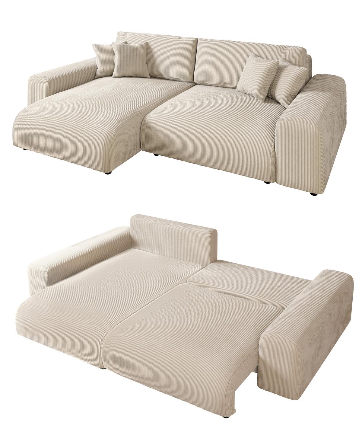 ECKSOFA mit Schlaffunktion, Bettkasten, Wellenunterfederung, seitenverkehrt montierbar B255/T165/H84 cm, Liegefl. 148x196 cm, Cord Beige / 21001 - Beige/Schwarz, Kunststoff/Textil (255/165cm) - luma-home