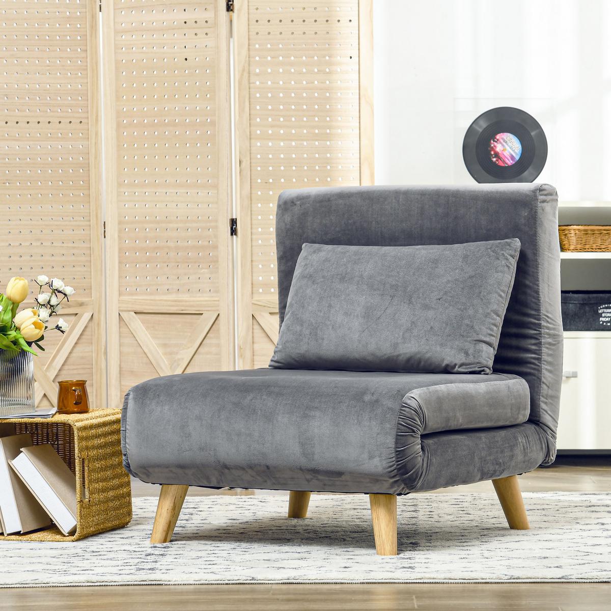 SCHLAFSESSEL, Klappsessel mit Bettfunktion, Schlafsofa mit Kissen, Samt, Grau - Naturfarben/Grau, Holz/Textil (78/79/72cm) - HOMCOM