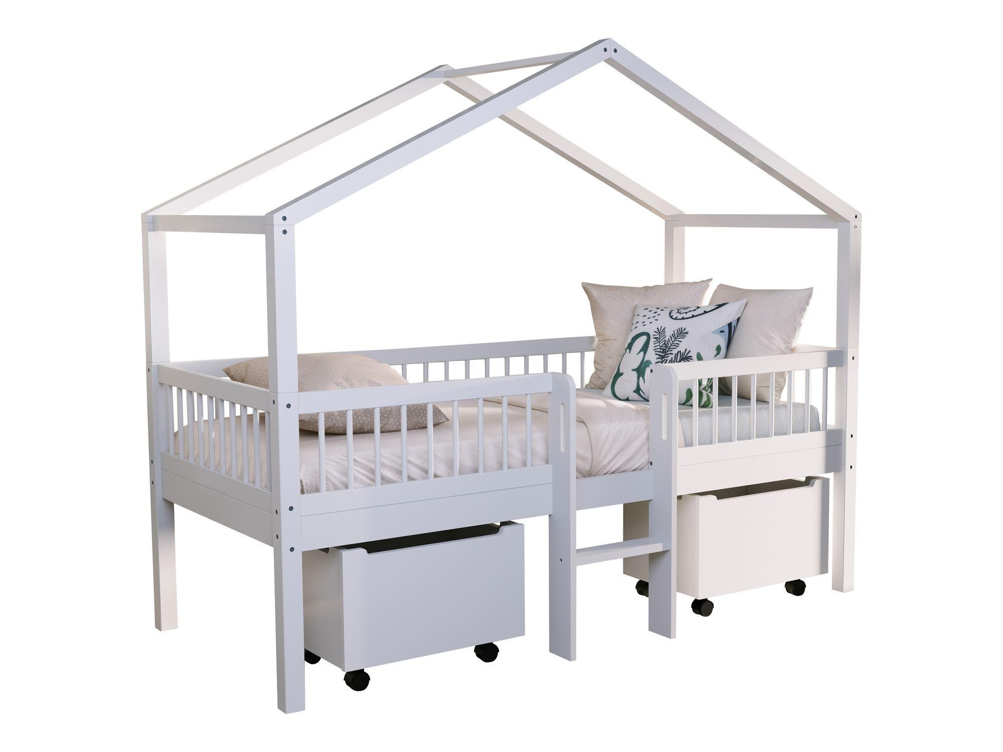 HAUSBETT HALBHOCH 90x200 Keeley Buche Weiß Leiter Boxen - Weiß, Holz (90/200cm) - 58aufmkessel