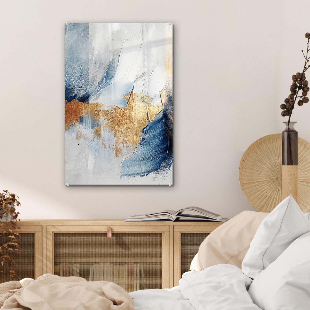 ACRYLGLASBILD Gold - Blau - Aquarell - Kunst - Modern Wanddeko Wohnzimmer 40x60 cm - Hellblau, Glas (40/60cm) - MuchoWow