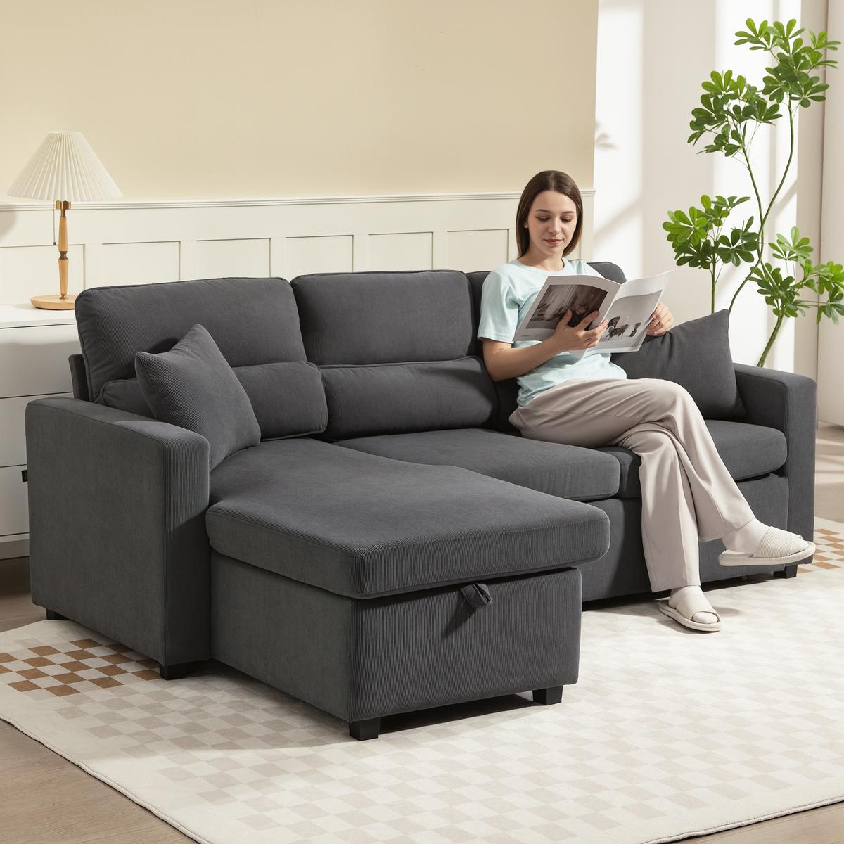 BETTSOFA Verstellbar L-förmiges Gästesofa mit Bettfunktion Kissen - Beige/Schwarz, Kunststoff/Textil (135/205cm) - HOMCOM