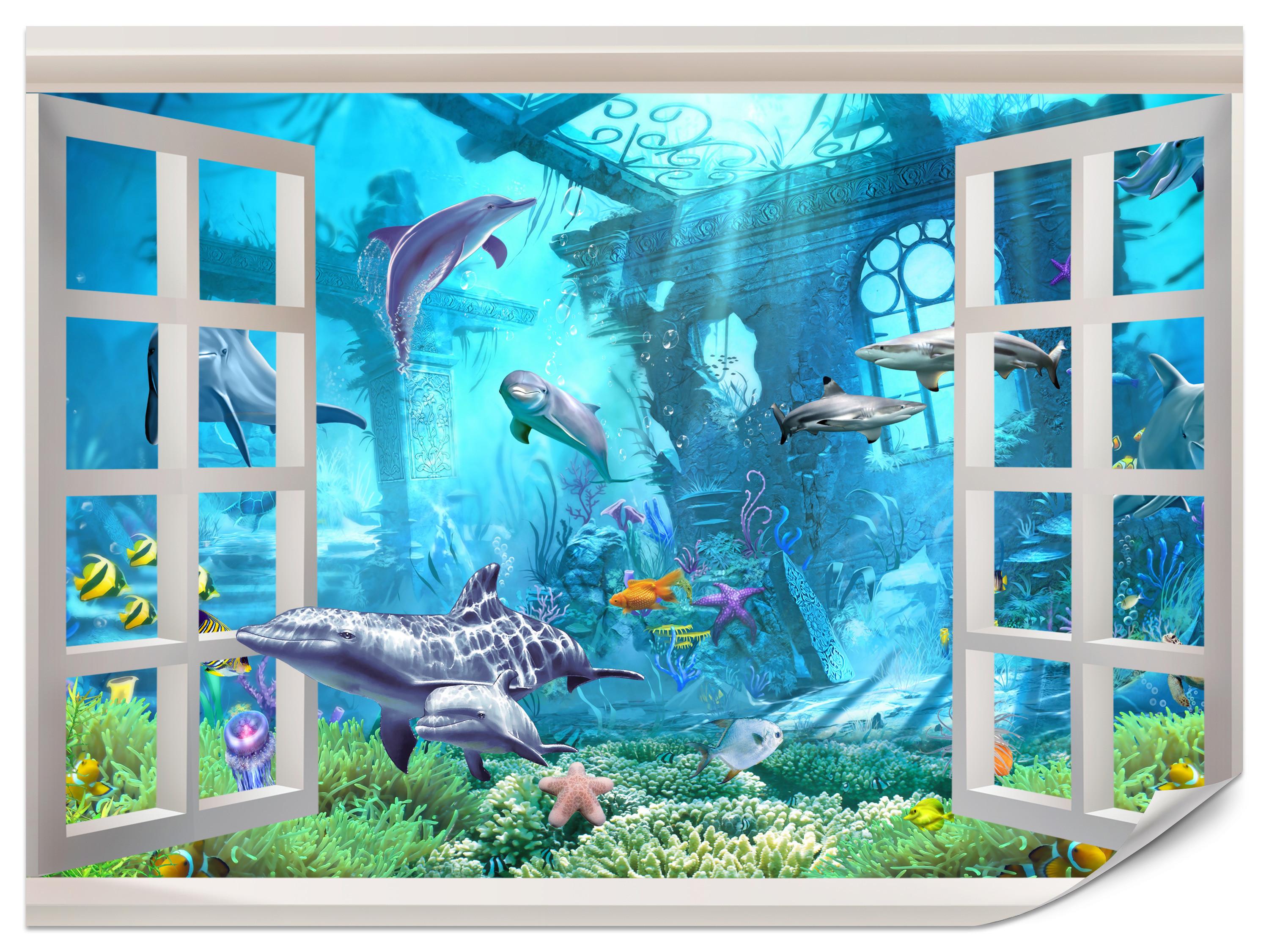 FOTOTAPETE für Schlafzimmer Fenster Unterwasserwelt Delfine Riff 450x315 - Blau/Weiß, Papier (450/315cm) - Muralo