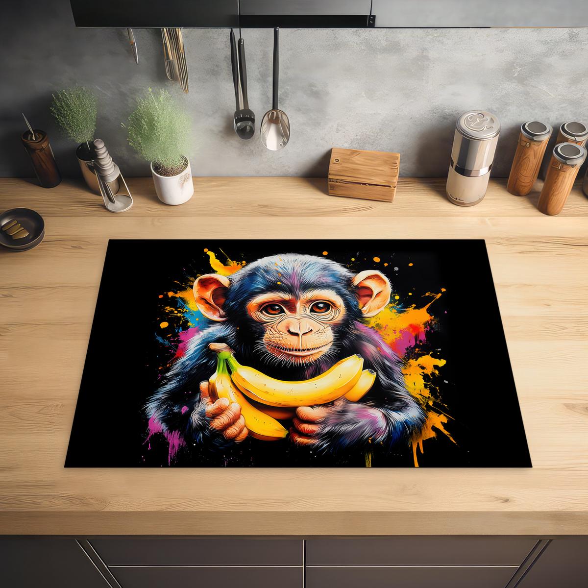 HERDABDECKPLATTE Affe - Graffiti - Farbenfroh - Bananen - Modern Herdabdeckung Induktionsfeld 75x52 cm - Gelb, Kunststoff (75/52/0.2cm) - MuchoWow
