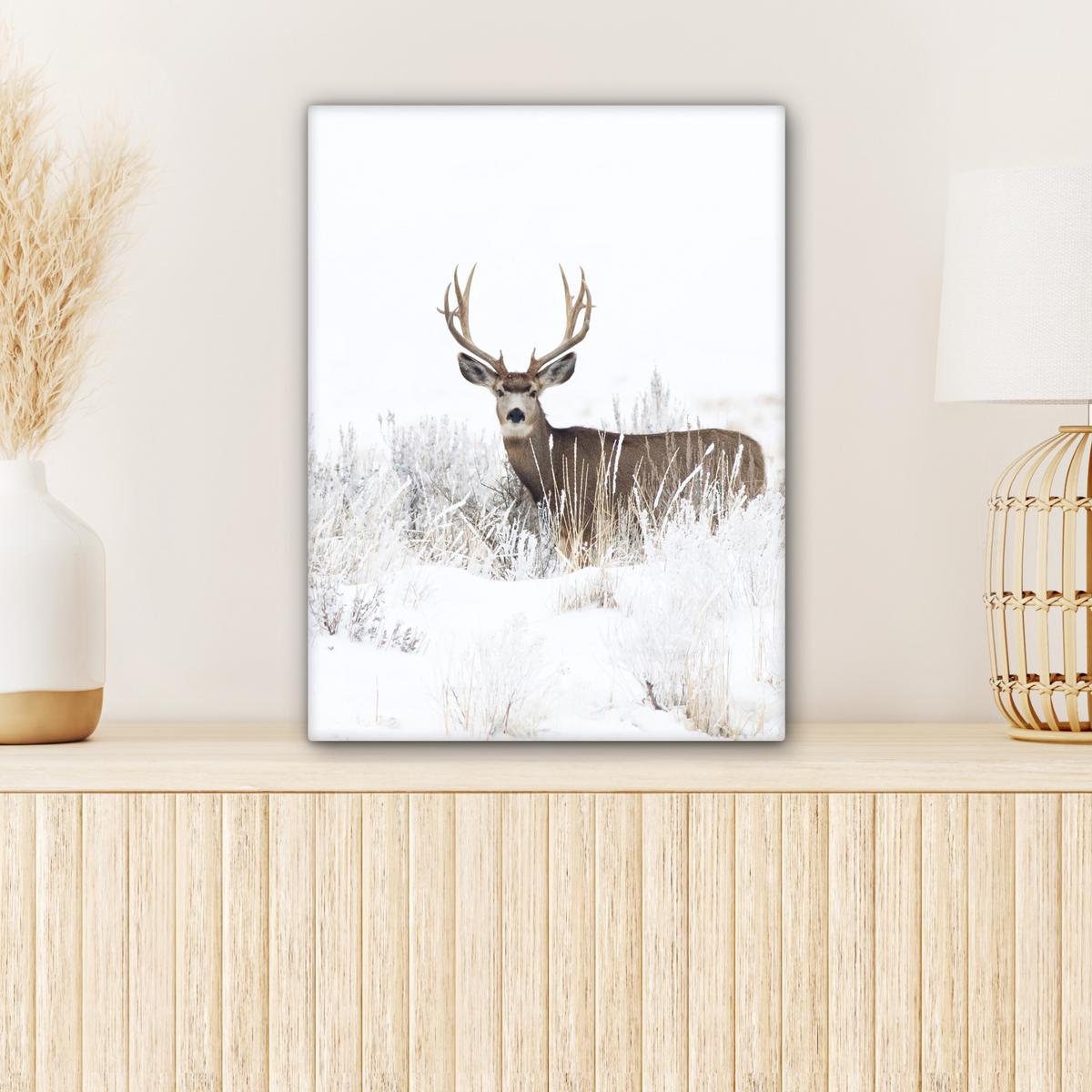 LEINWANDBILD Hirsche - Winter - Schnee - Tiere - Jahreszeiten - Weiß Room Decor 30x40 cm - Hellbraun, Textil (30/40cm) - MuchoWow