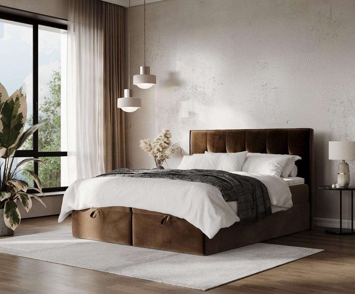 BOXBETT Tivra 140/200 cm Braun im Kronos Stoff - Schwarz/Braun, Holz/Holzwerkstoff (140/200cm) - AltaBeds